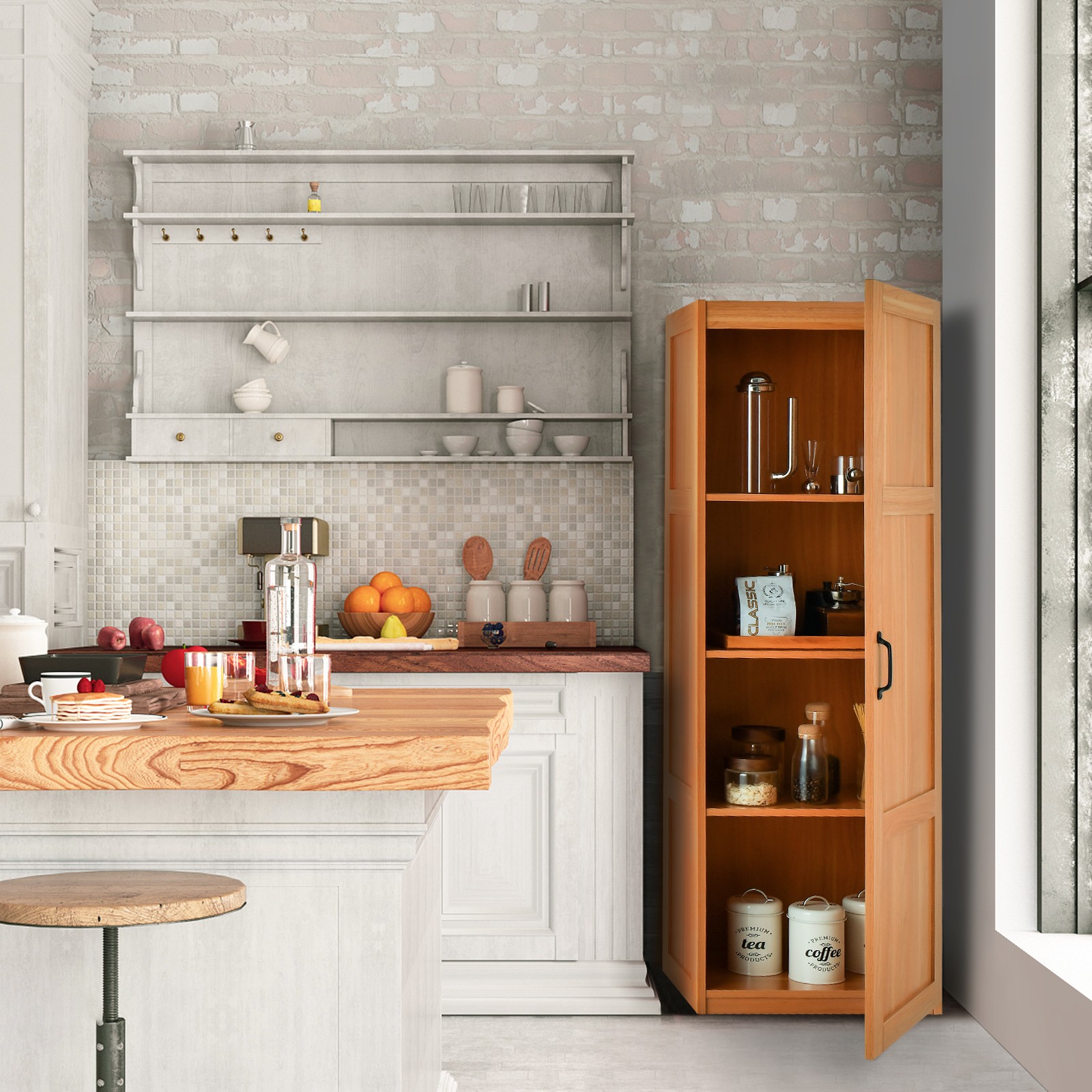 Farmhouse Freestanding Floor Cabinet Tall Storage Cabinet w/ 4 Storage Shelves