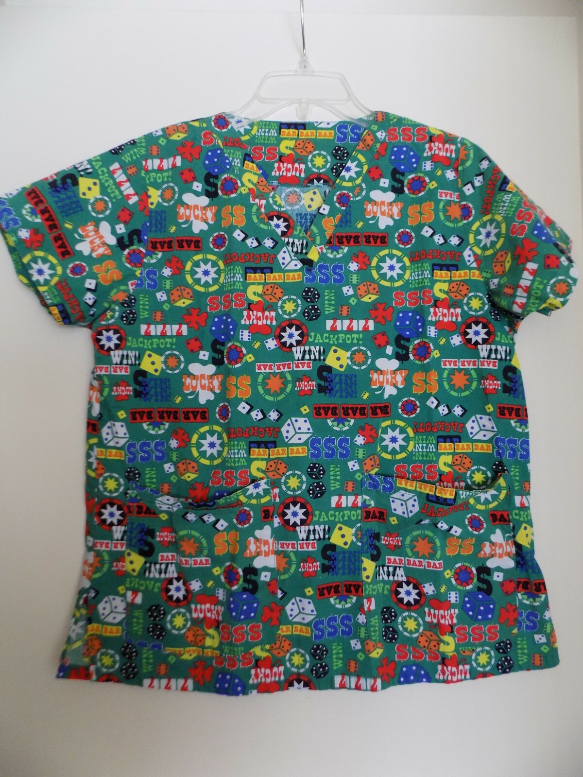 Scrub Top Womens Small Gambling Theme V Neck 2 Pocket Dice Poker Chips Slots