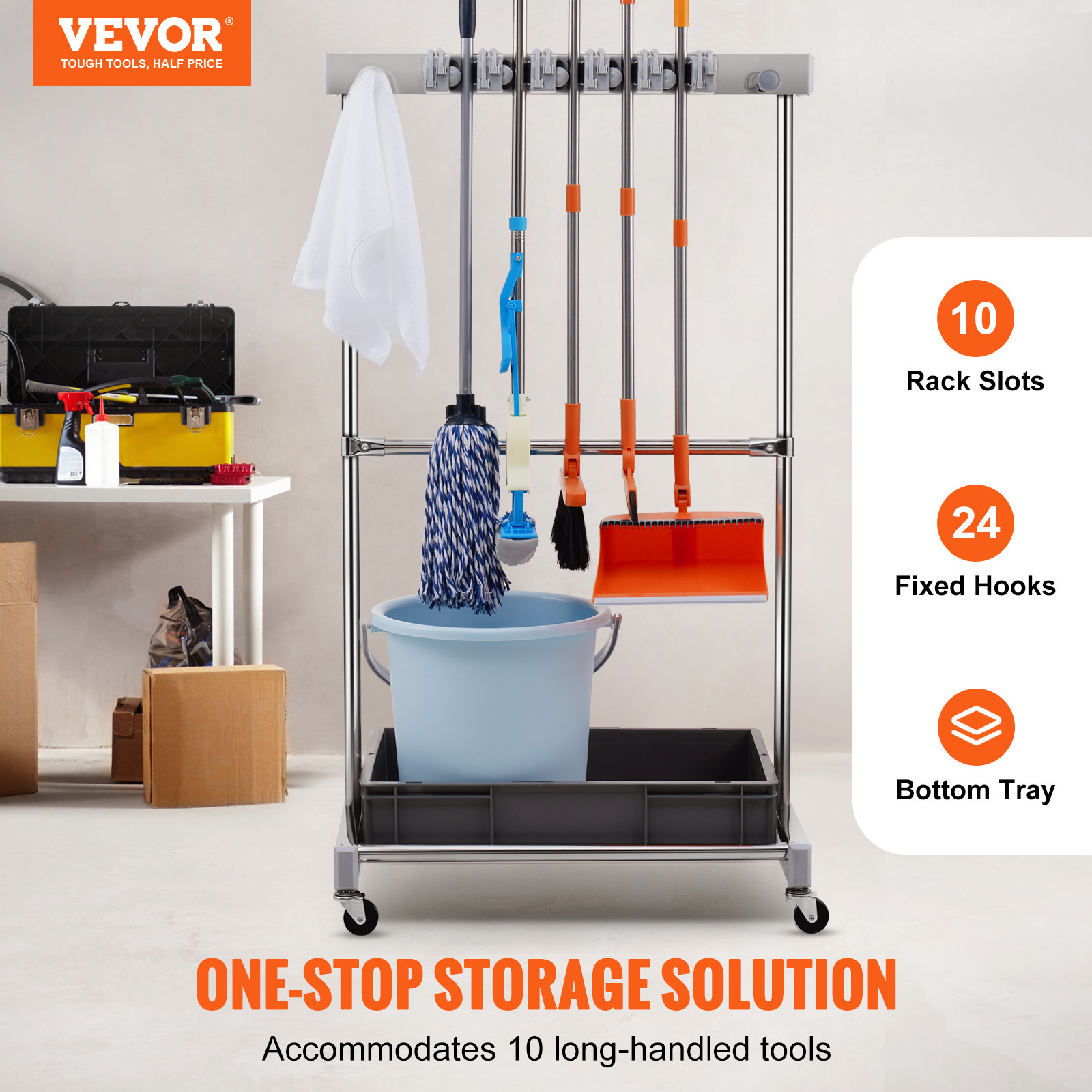 VEVOR Garden Tool Storage Rack with Wheels Garage Organizer 10 Slots with Hooks