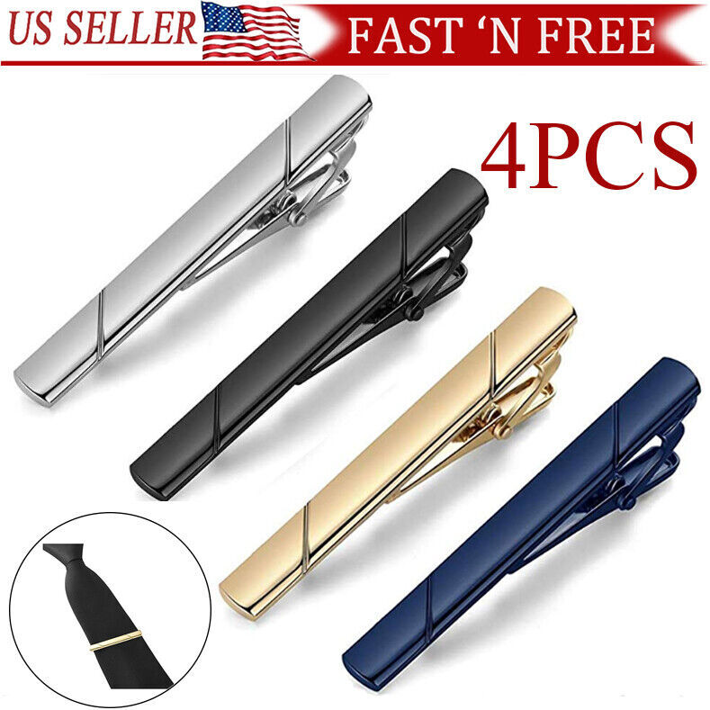 4pcs Mens Stainless Steel Tie Clip Necktie Bar Clasp Clamp Pin Gold Black Silver