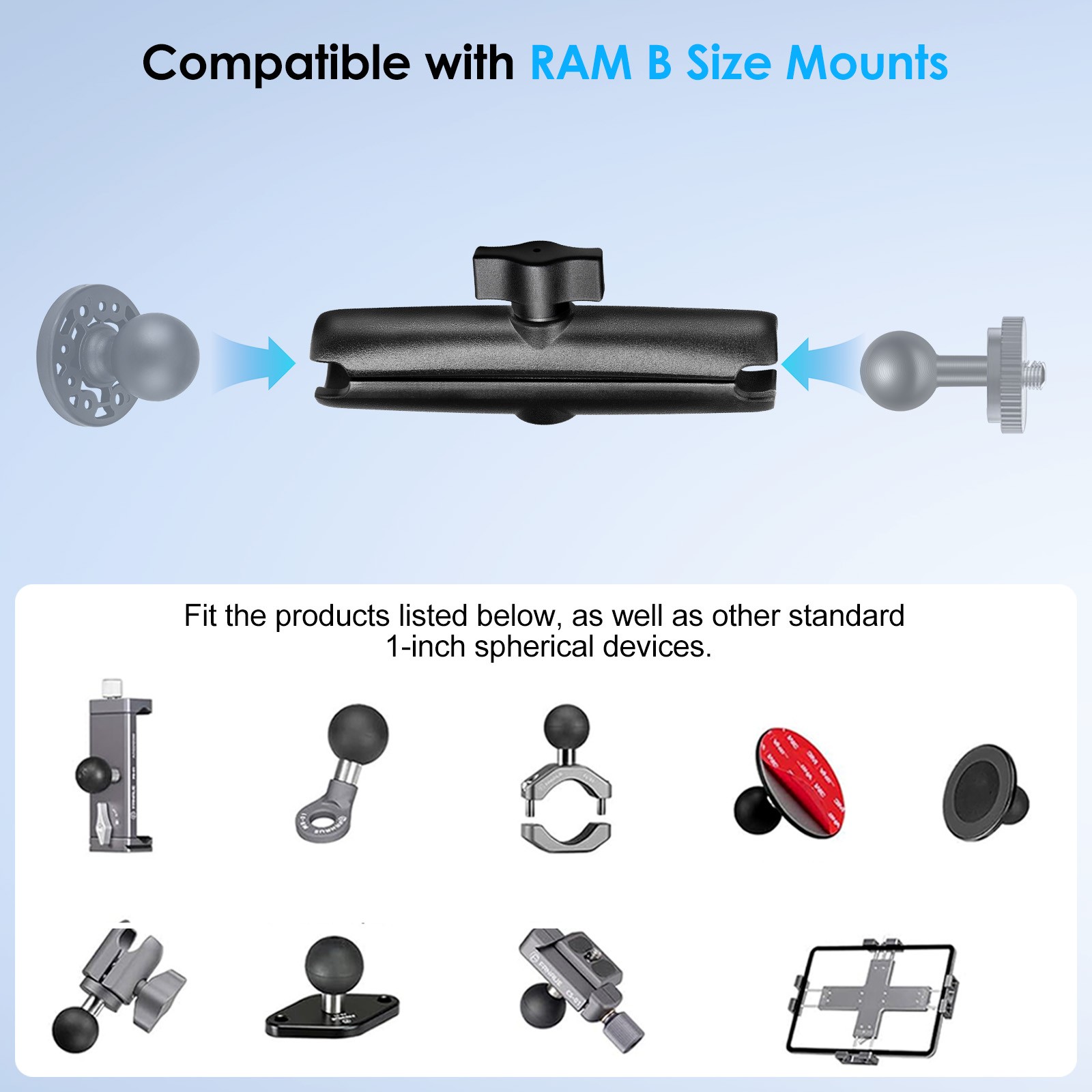 Double Socket Arm for RAM Mounts Camera Extension Arm 1" Ball Head Mount Adapter