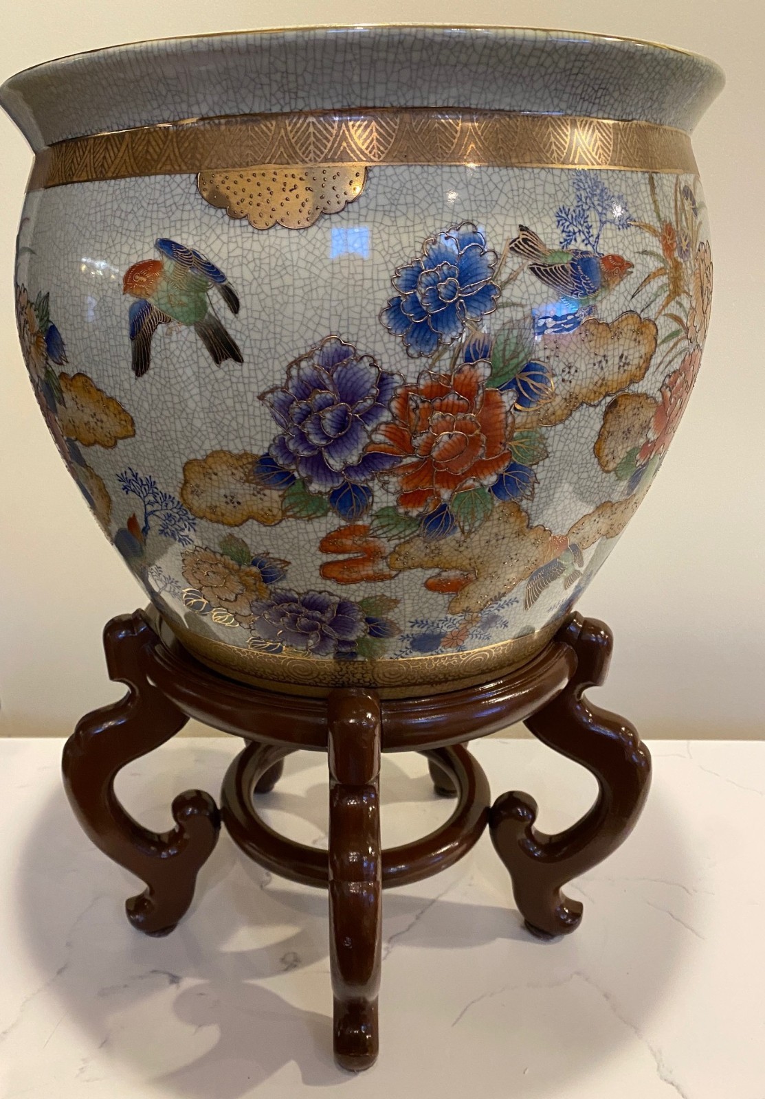 Chinese Planter Fine Porcelain Crackle Glazed Hand-Painted - Near Mint