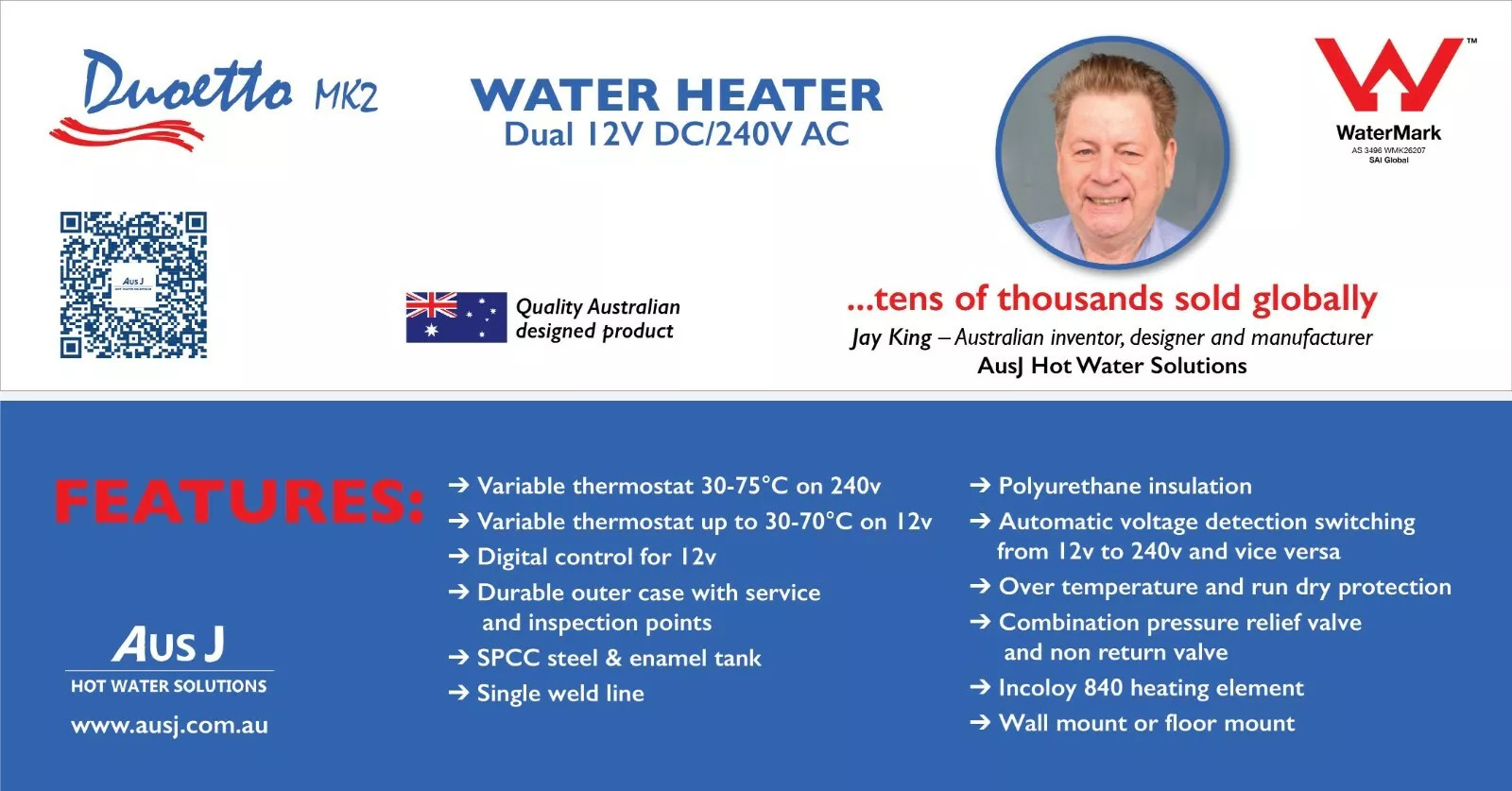 Duoetto MK2 Digital Dual Voltage (12v/240v) Electric 10L Storage Water Heater