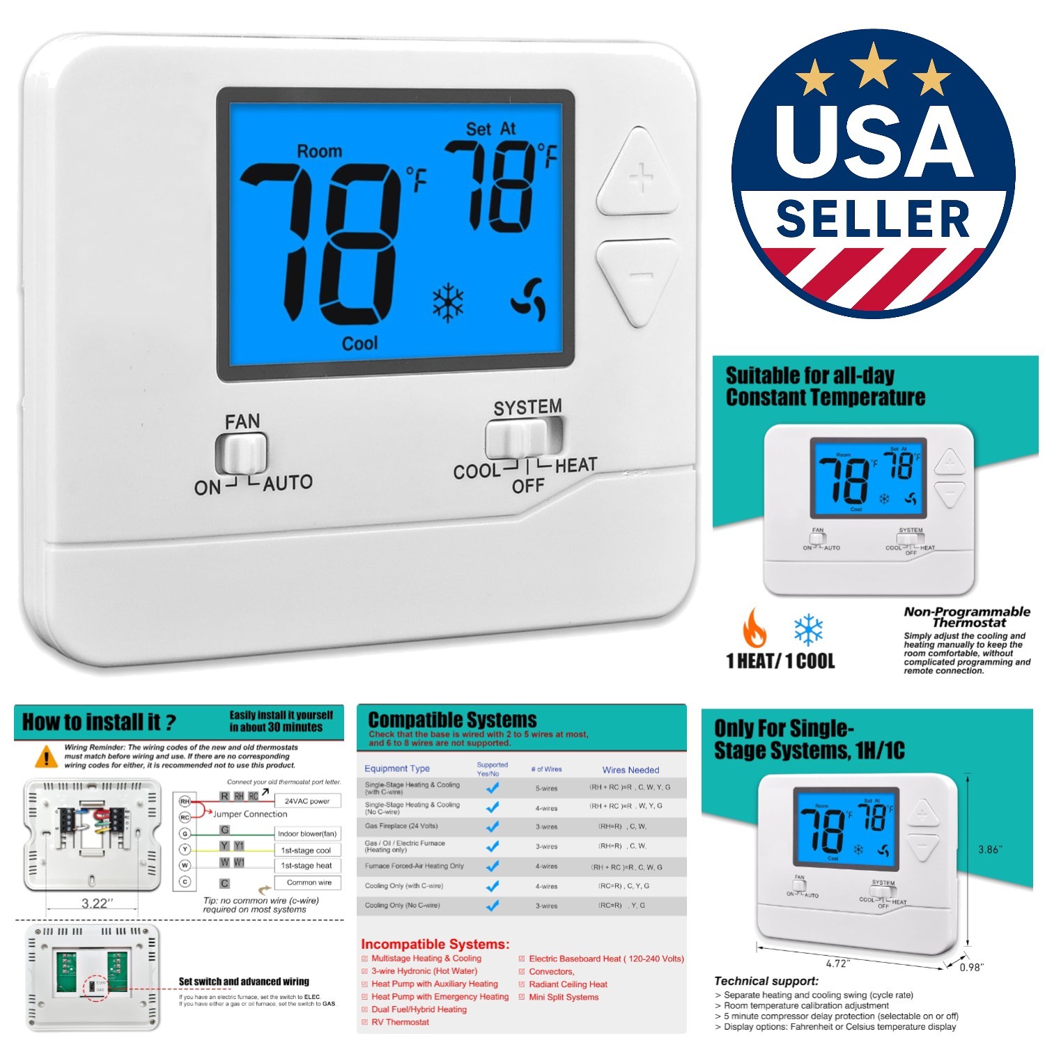 Digital Non-Programmable Thermostat 1 Heat/1 Cool - Easy Push Button Control