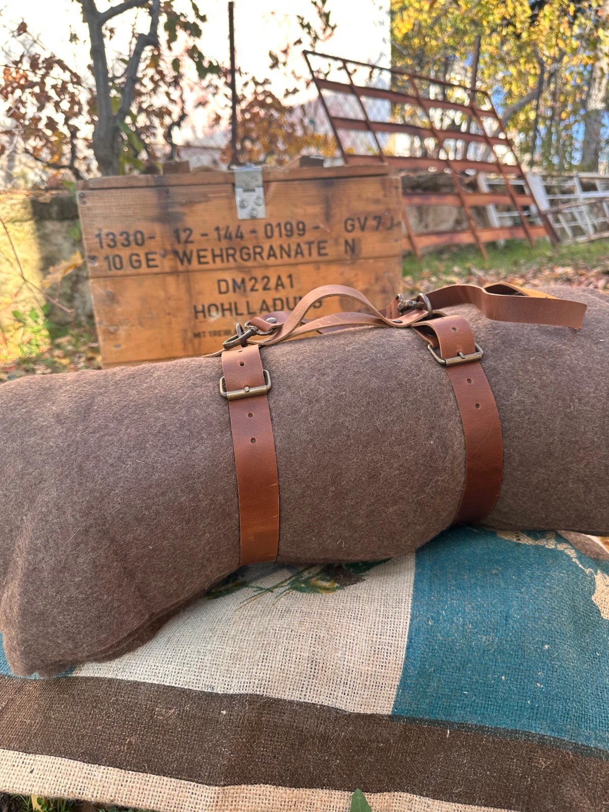 Bushcraft Wool Blanket with Handmade Leather Strap, Natural Blanket For Outdoor