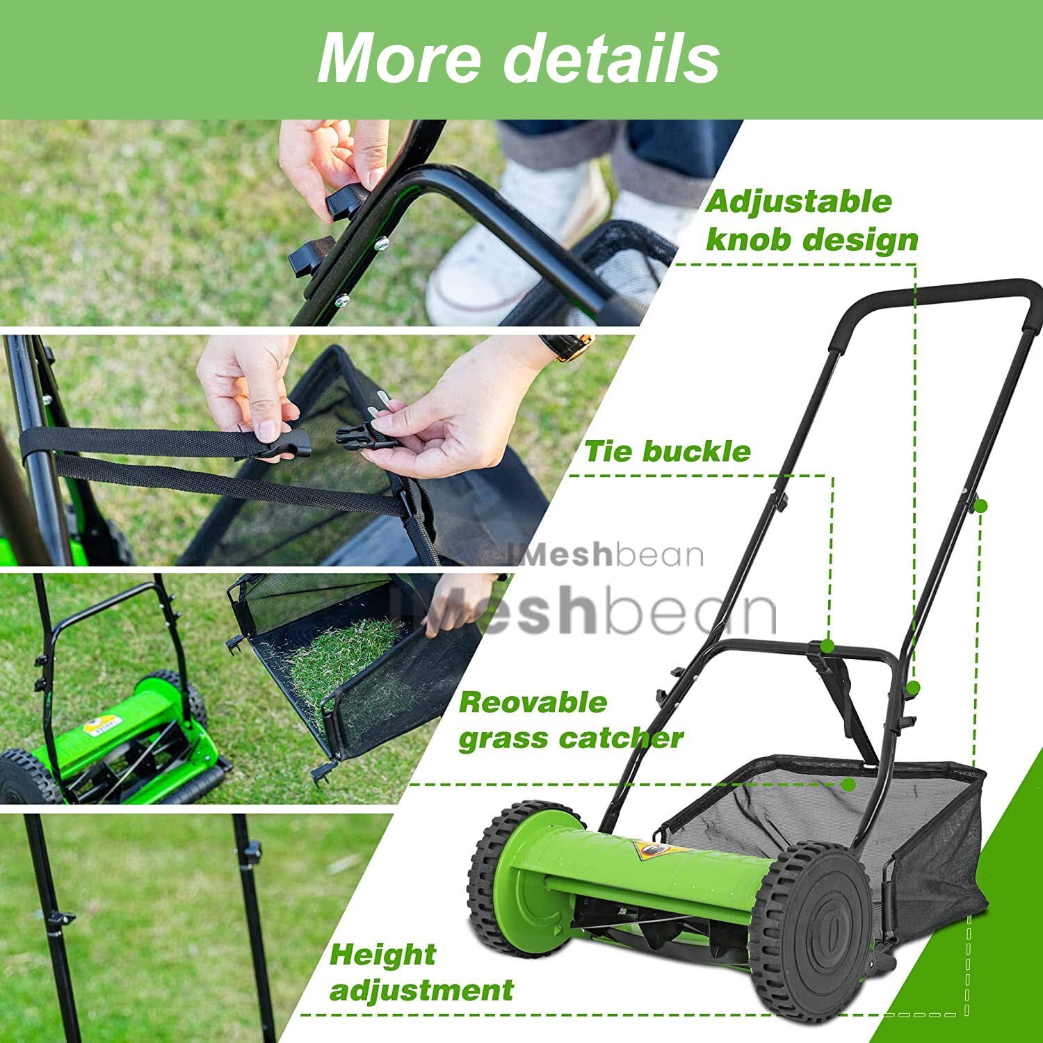 16-Inch 5-Blade Manual Reel Lawn Mower w/Adjustable Cutting and Handle Height
