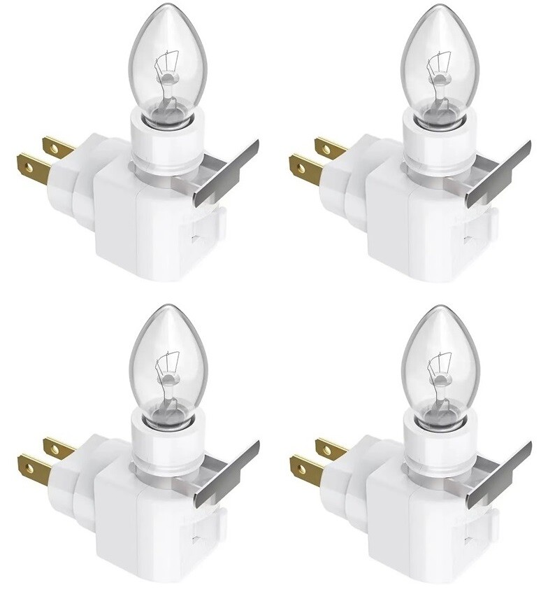 Lot of 4 - White Plug In Night Light With Bulb 4 Watt On / Off Switch