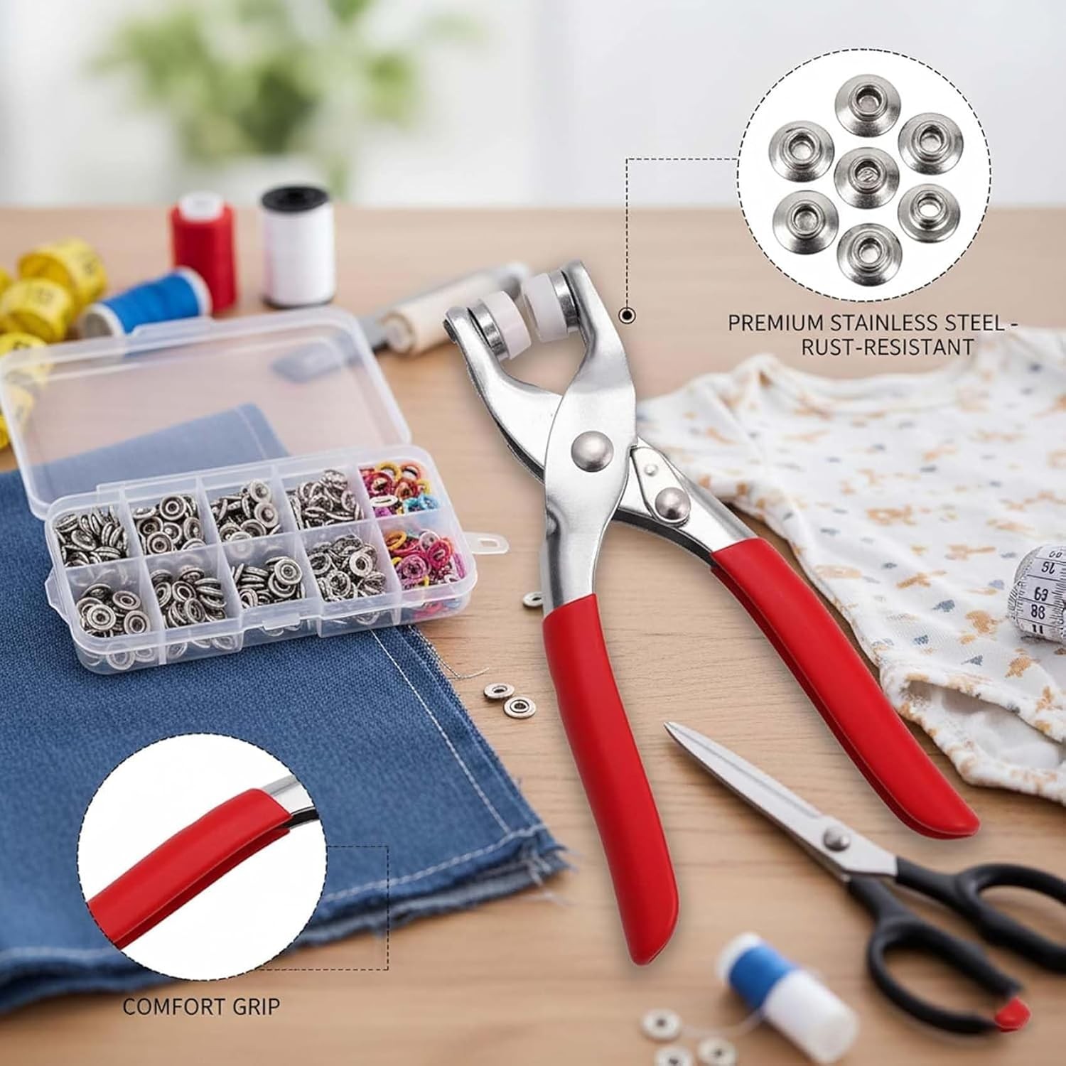 Sewing Kit with 100PCS Invisible Colored Metal Buckle & Manual Pressure Pliers