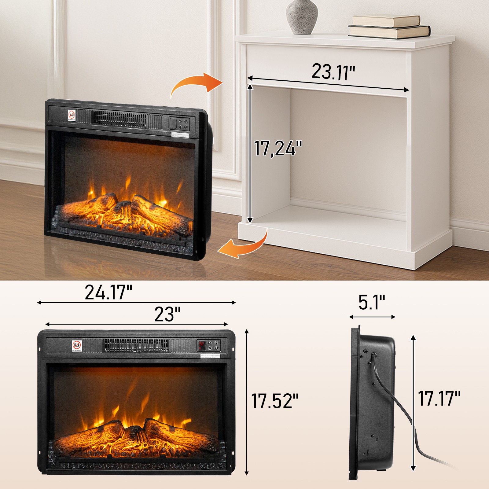23" Electric Fireplace Insert Heater with Remote APP 6 Color Adjustable Flames