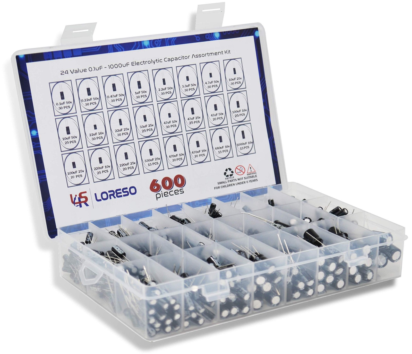Electrolytic Capacitor Assortment Kit Box by Loreso 600pcs 24 Value  Electrol...