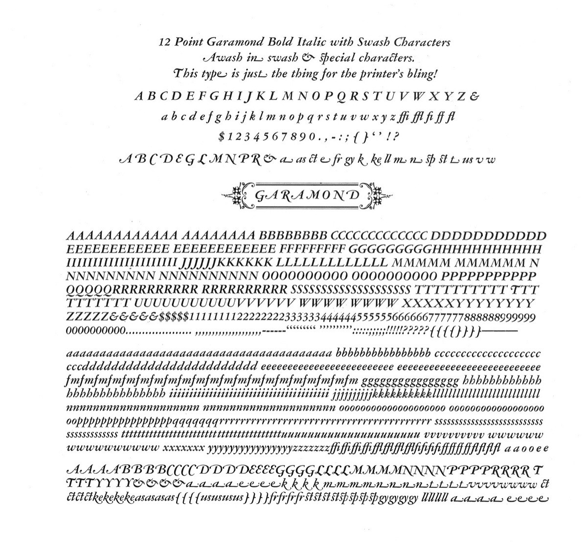 New Letterpress Type - 12 Pt. Garamond Bold Italic with Special Swath Characters
