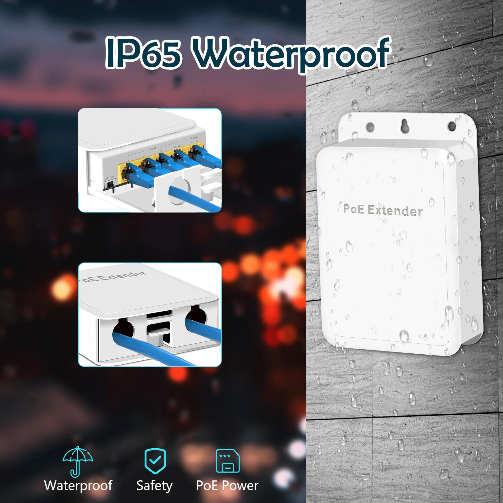 Outdoor Rainproof 5 port Gigabit PoE Passthrough Switch Extender PoE++ 90watt