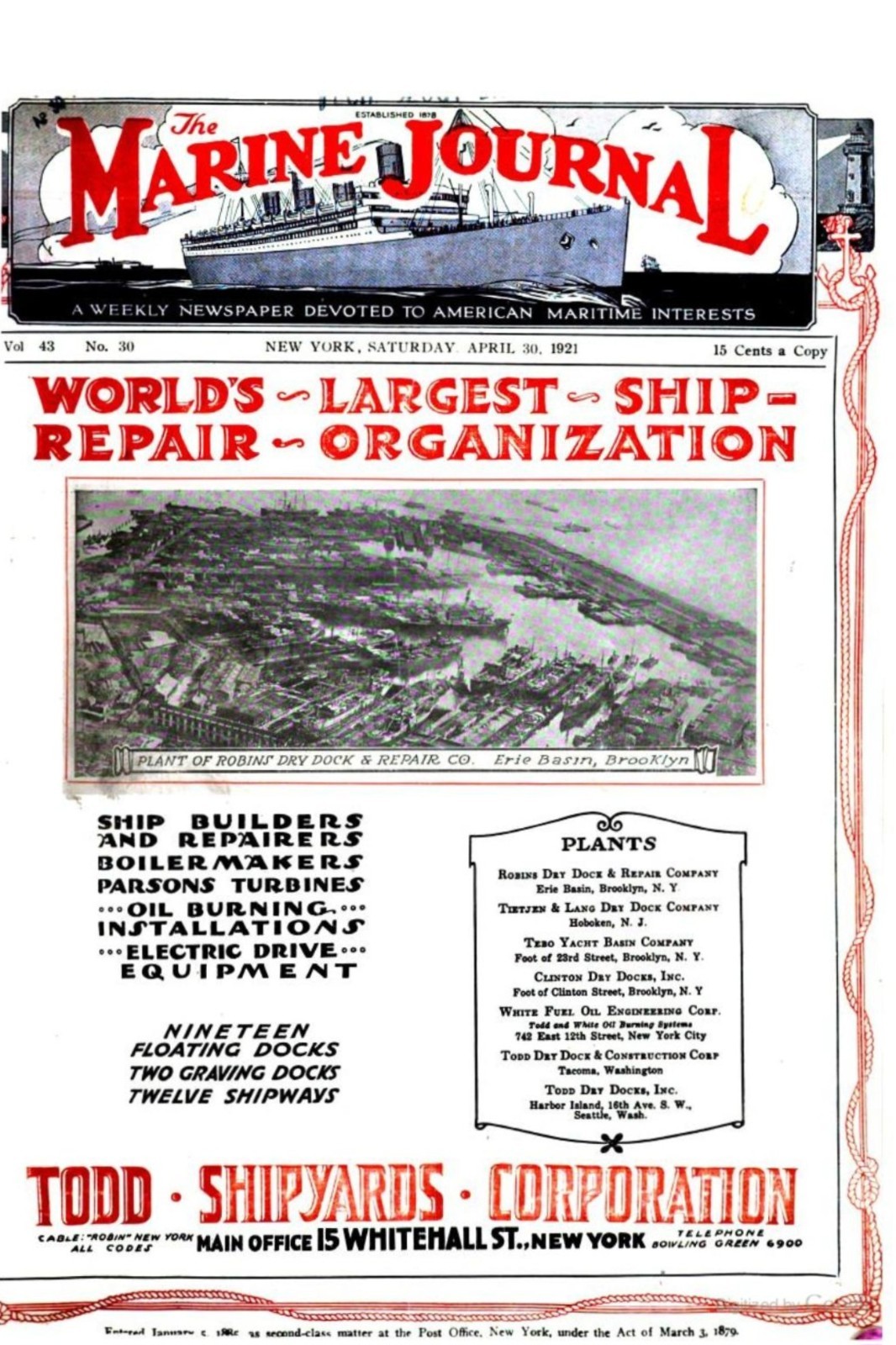 c1925 Todd Shipyard Tebo Brooklyn Ny Marine Repair Drydocks Steam Boiler