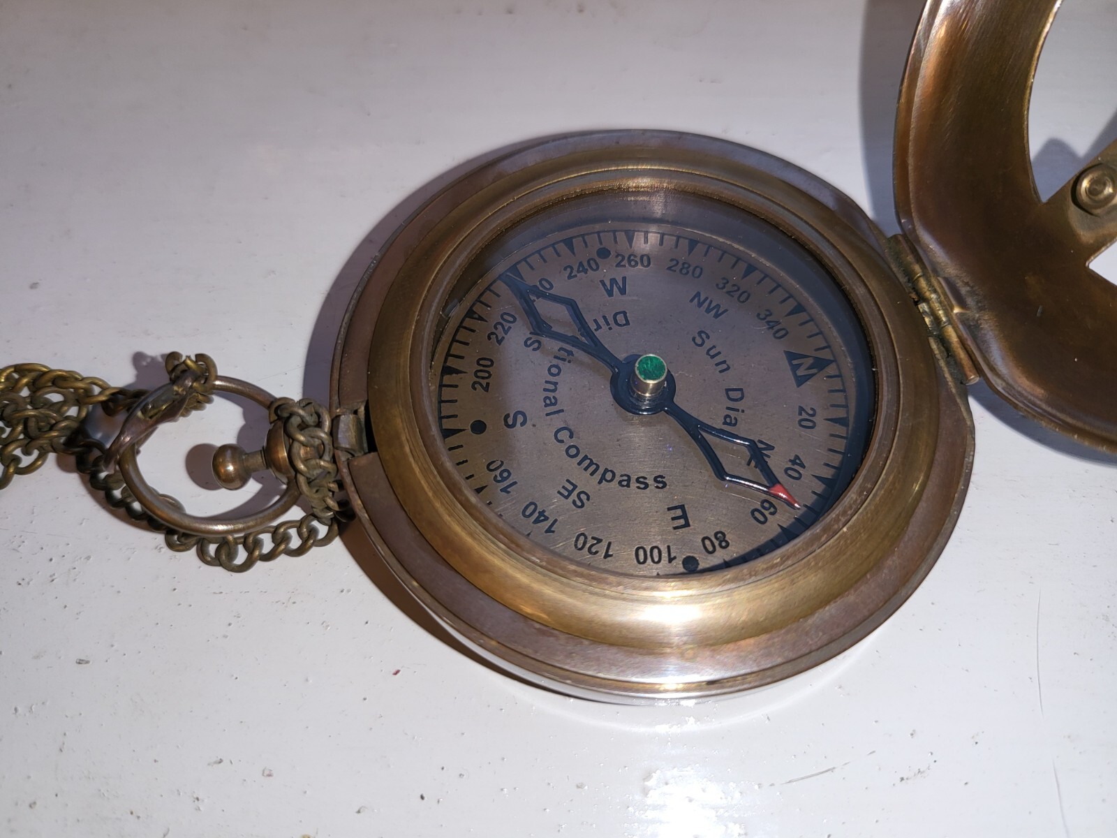 Sun Dial Pocket Watch Brass Compass Chain Antique Old Gold Lustre Wooden Box UK