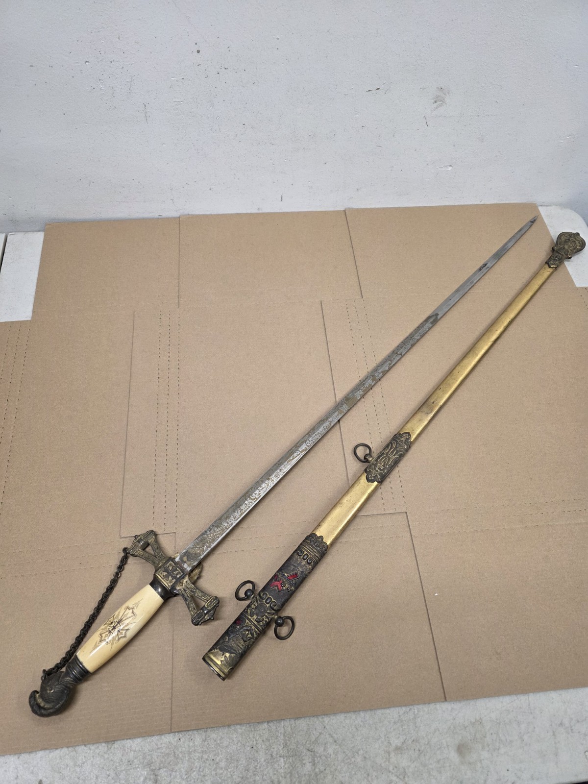 Vintage Late 1800s  J.H. Wilson Knights Templar Ceremonial Sword Scrimshaw Handl