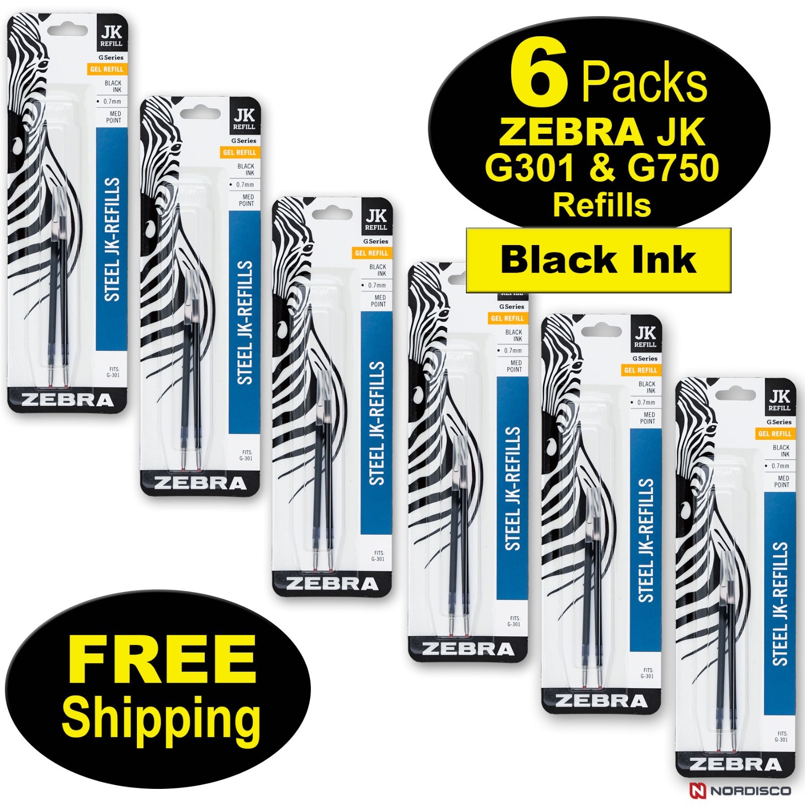 ZEBRA G301, G750 JK Refills 88112, Black Gel Ink, 6 Packs, FREE Shipping