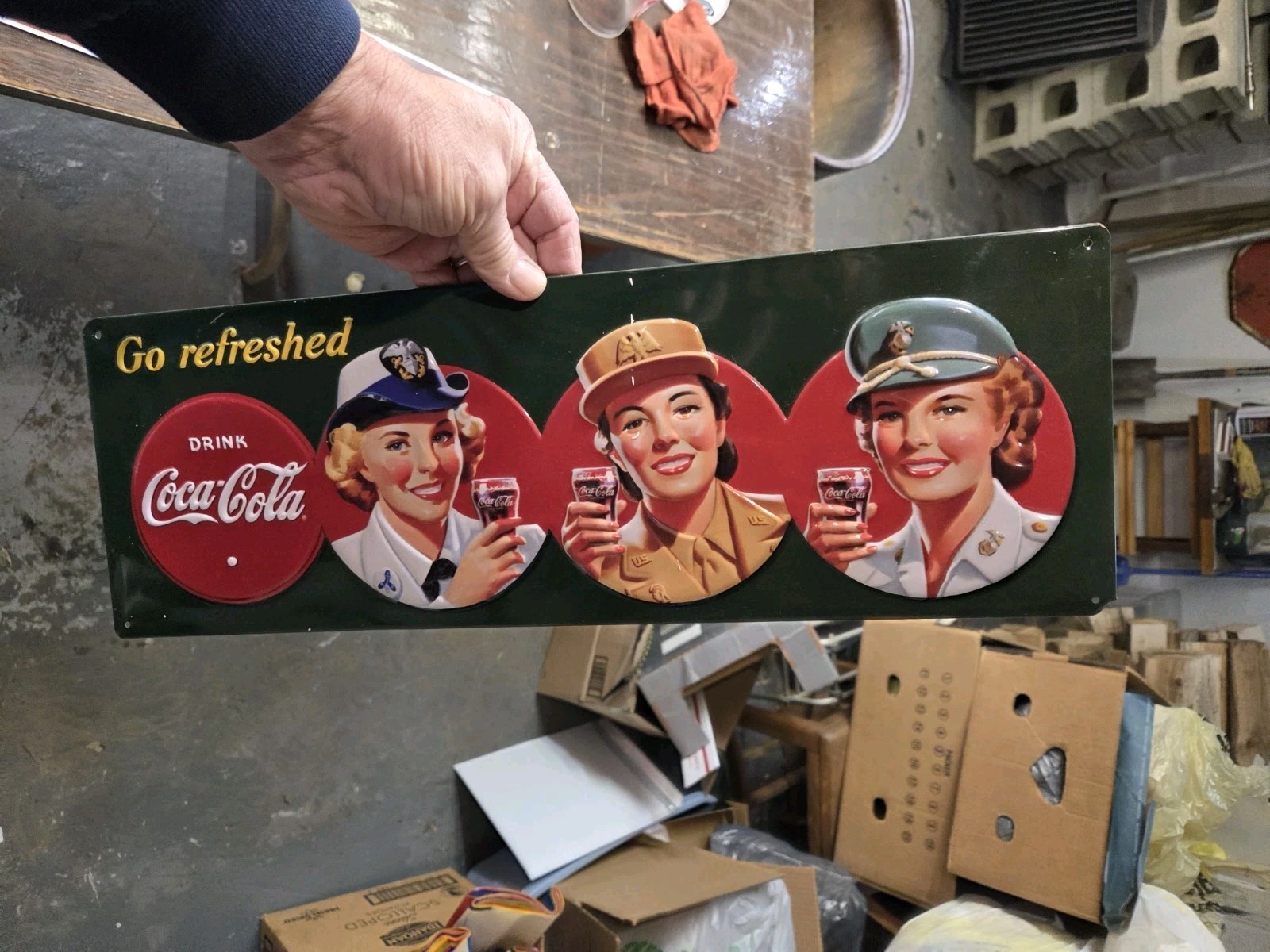 Coca-Cola Military Beauties Andy Rooney 3D Embossed Tin Sign Dark Green EUC