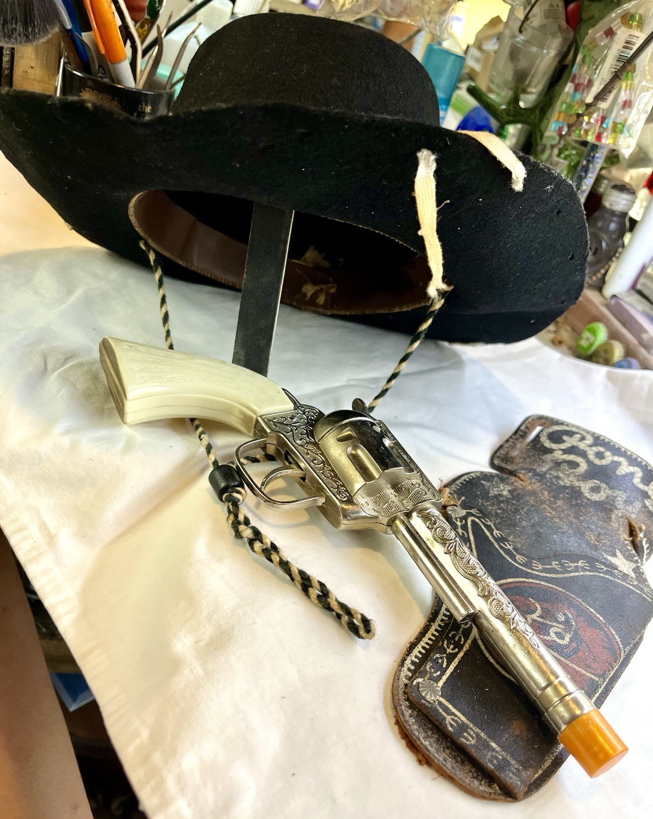 Vintage 1950’s Cowboy Hat Size 7, Cap Gun, (Works), And Holster.