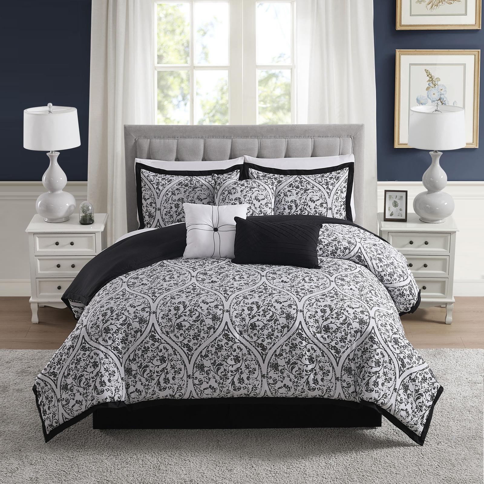 Trieste 7 Piece Damask Jacquard Comforter Set White/Black