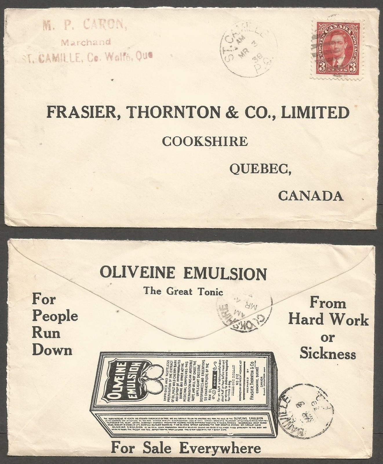 1939 Oliveine Emulsion Tonic Illustrated Advertising Cover 3c CDS St Camille PQ