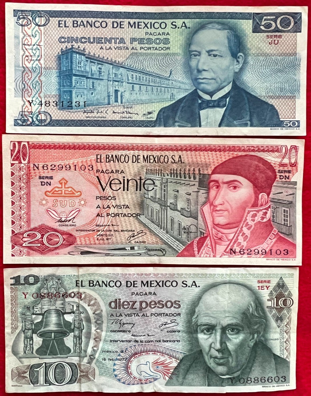LOT of 10 MEXICO PESO BANKNOTES SERIES 1, 5,10,20,50,100,500,1000 BDM MEXICO ABN