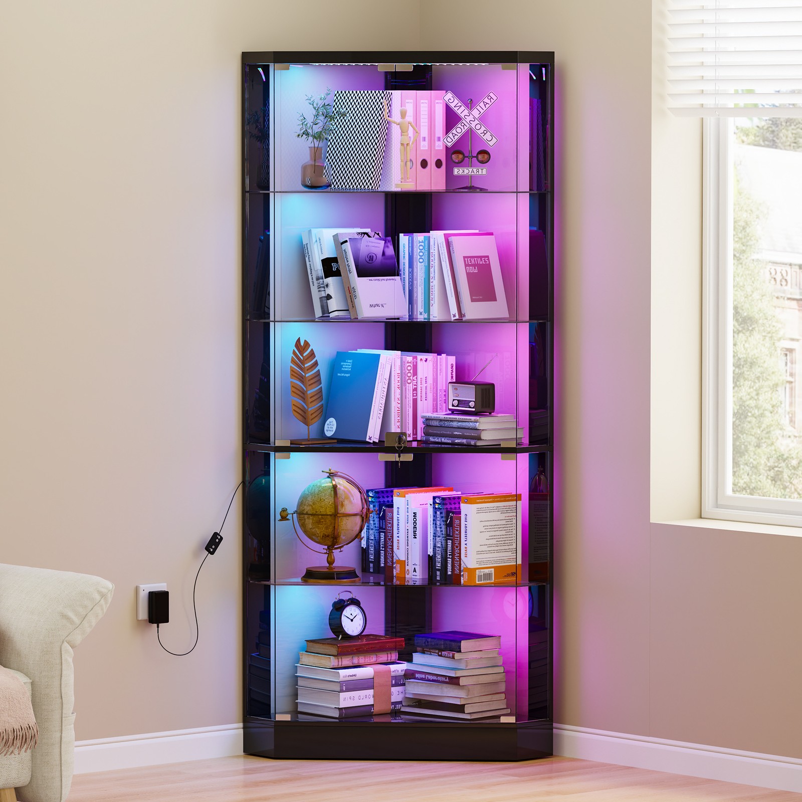 Black Curio Cabinets with RGB Lights, 69" Tall Display Cases for Collectibles