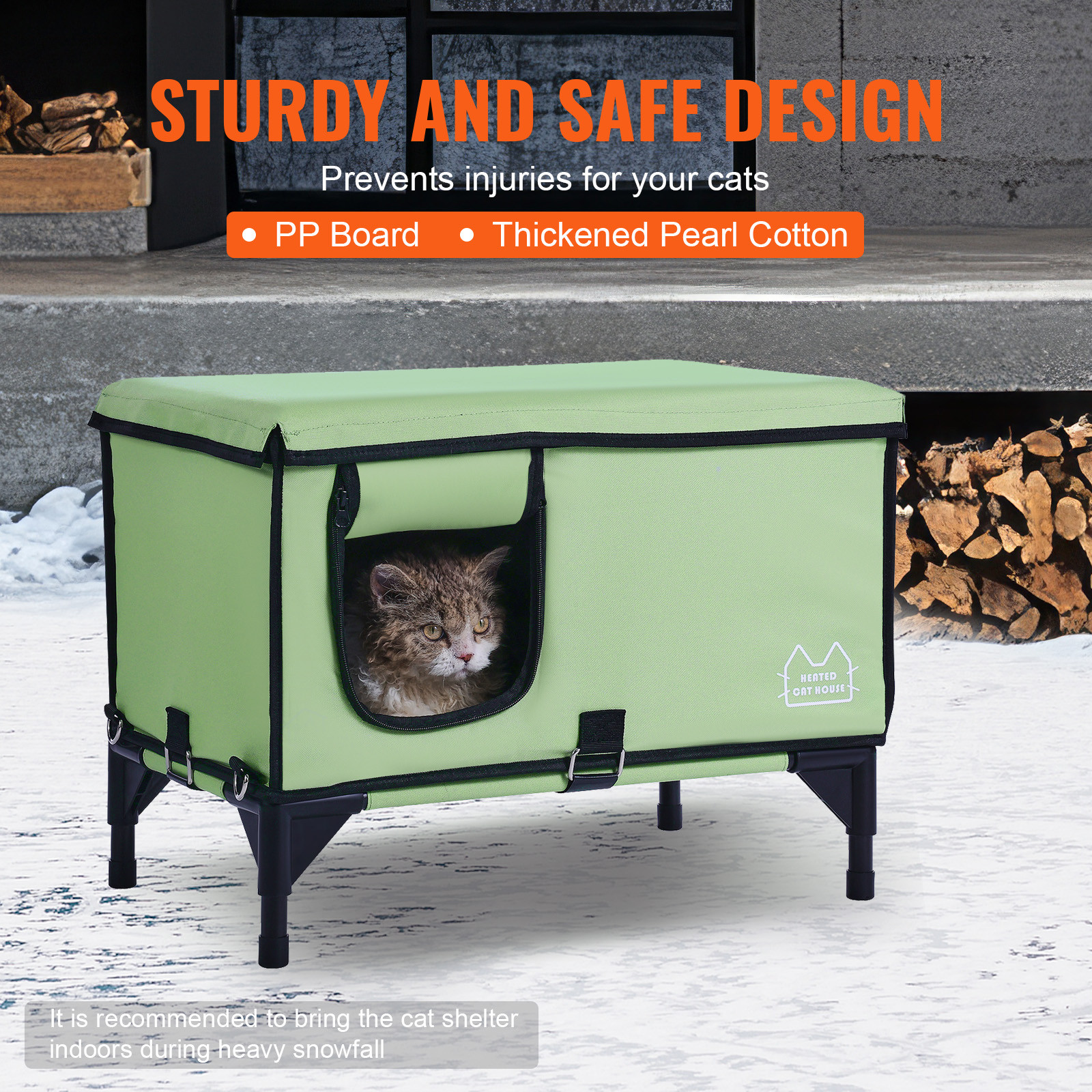 Elevated Heated Cat House Cuboid Kitty Shelter with Heated Pad Green (L)