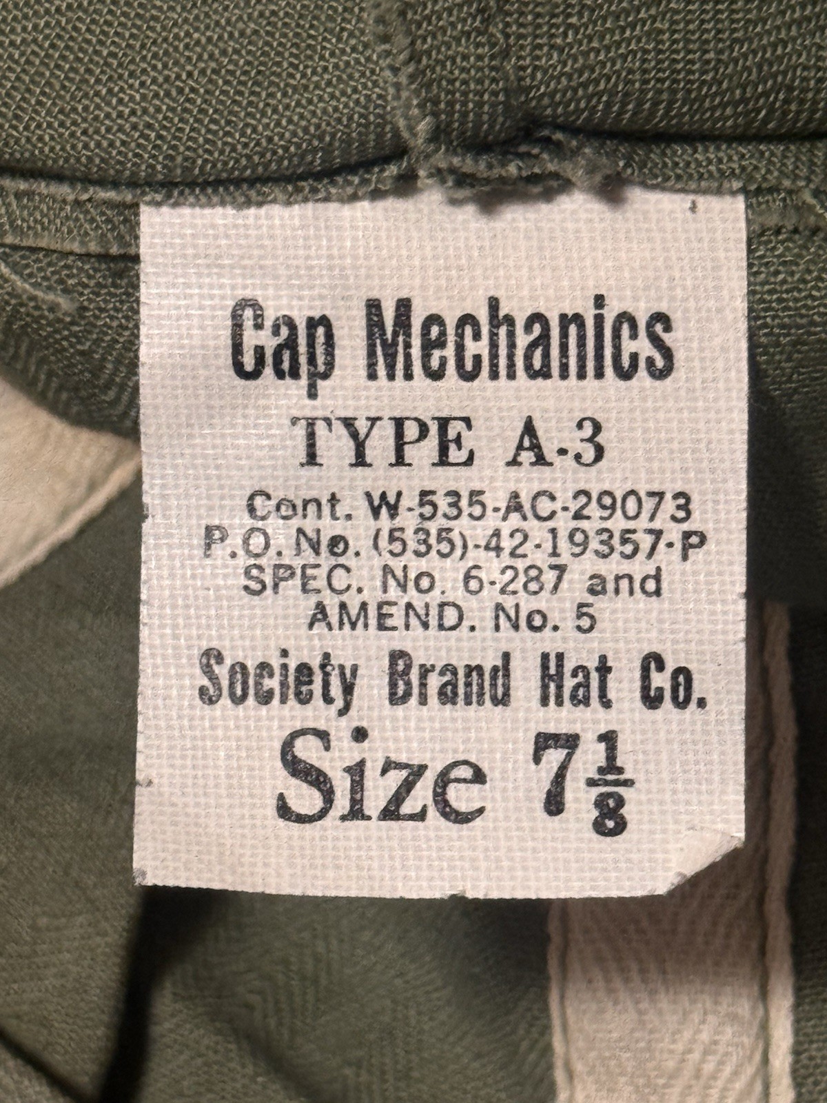 NOS Vintage WWII U.S. Army Air Force A3 Mechanic HBT Cap Size 7 1/8