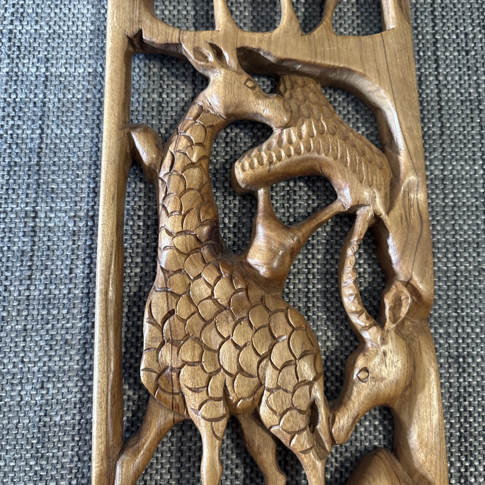 Vintage African Wood Carved Animal Wall Art Panel 18.25” Tall 4.25" Wide