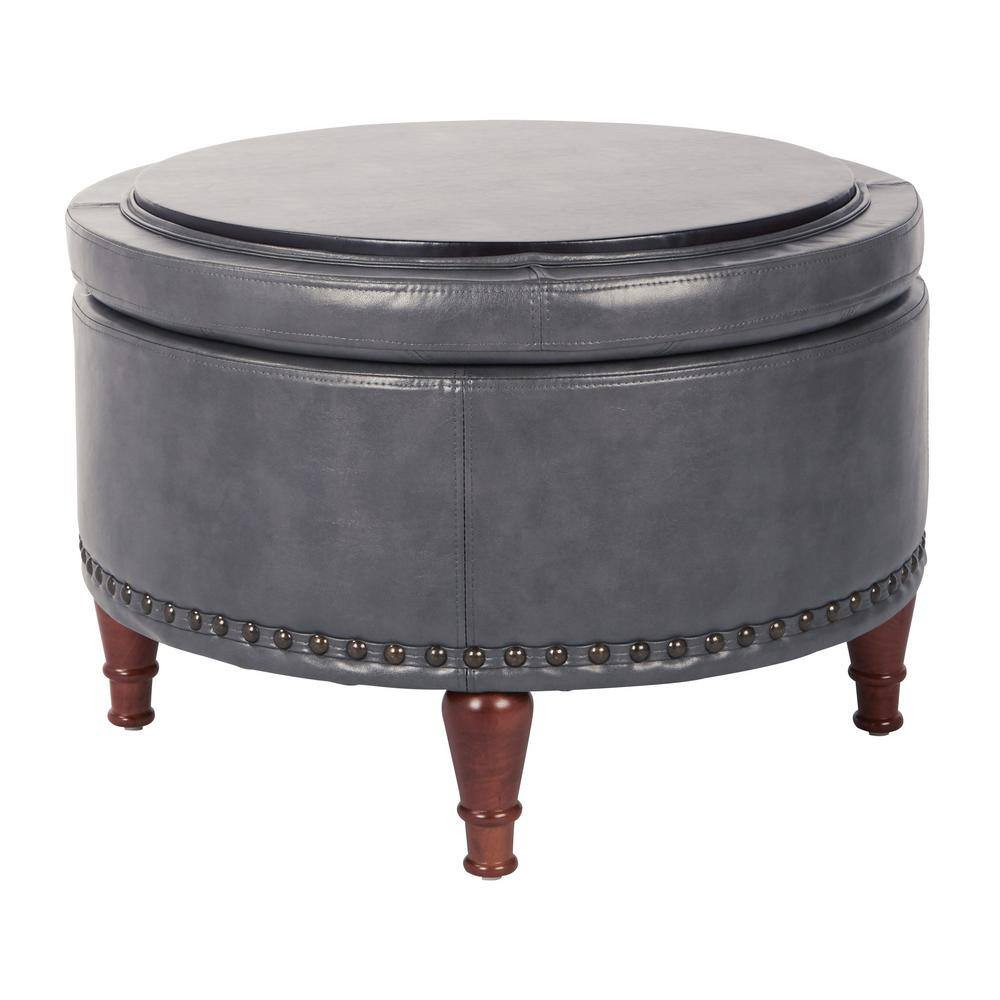 Alloway Pewter Faux Leather with Antique Bronze Nail-Heads Storage Ottoman