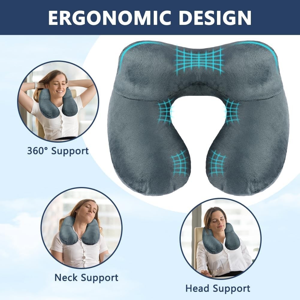 Inflatable Neck Travel Pillow Soft Velvet Ergonomic Airplane Car Grey