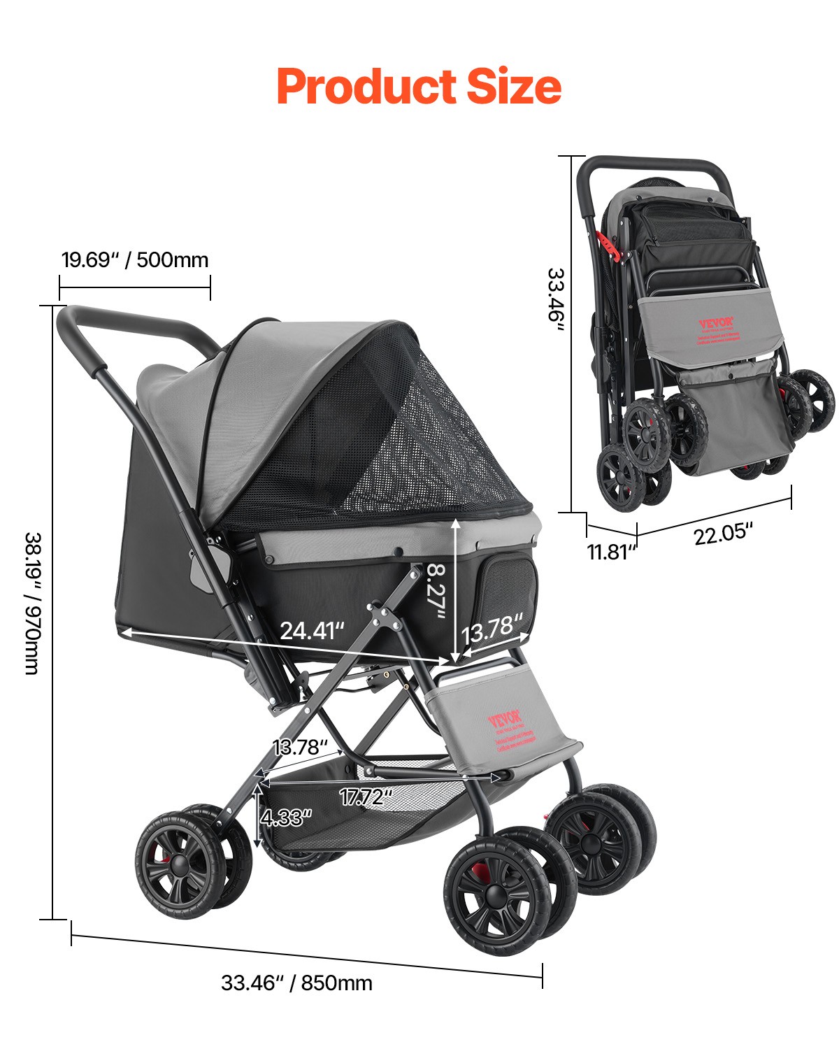 VEVOR Pet Stroller Foldable 4 Wheels Travel Dog Stroller Reversible Handle