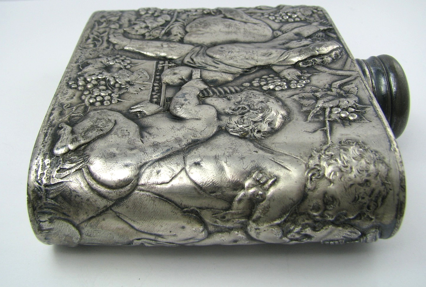 ANTIQUE SILVER PLATED FLASK LIQUOR FLASK Tipsy Cherubs Angels 1870s No Mono Rare