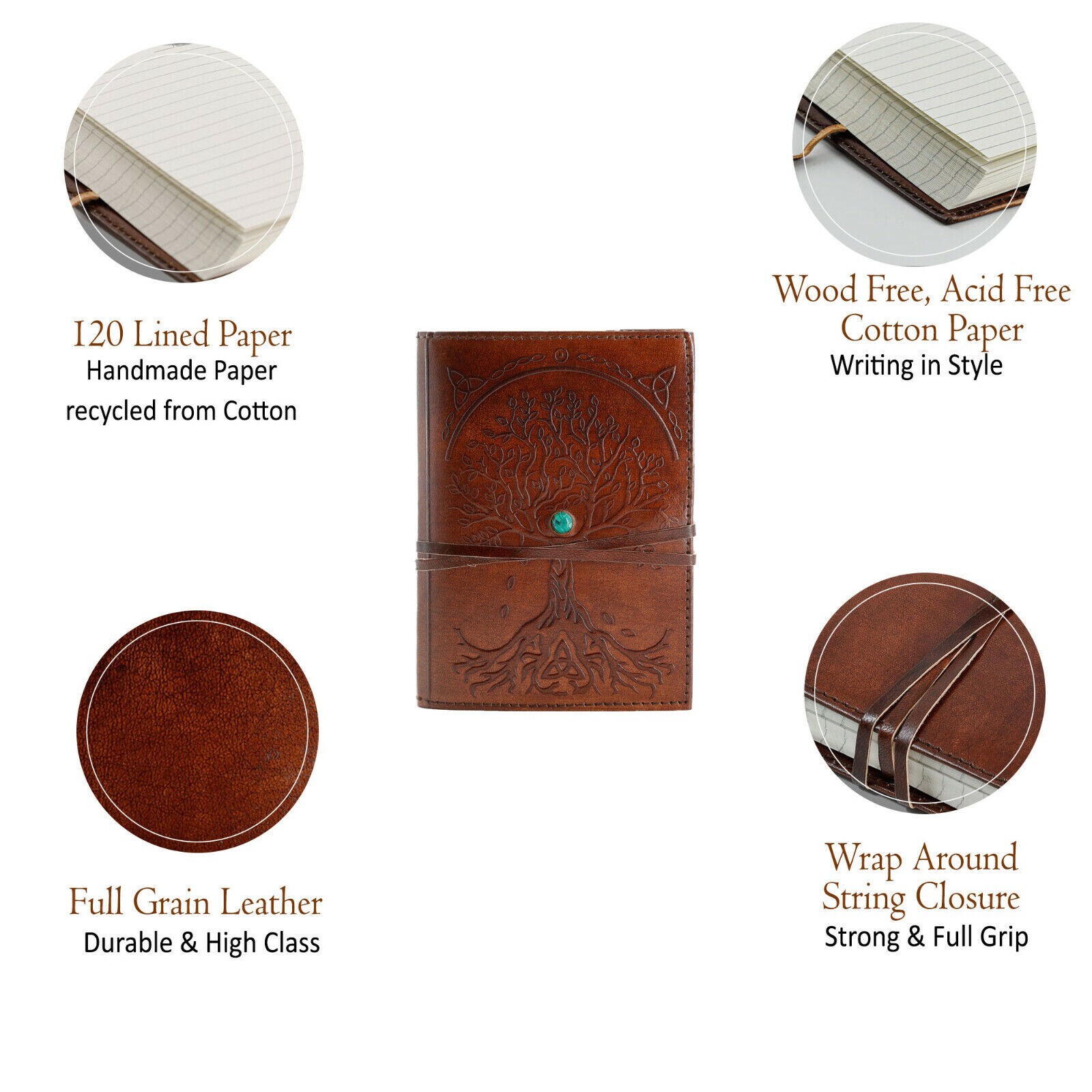 Leather Journal Refillable Lined Paper Tree of Life Handmade writing Notebook