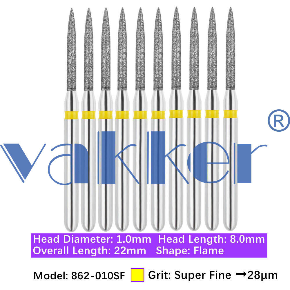 Vakker 10pc Dental Diamond Burs Medium Super Fine Friction Grip