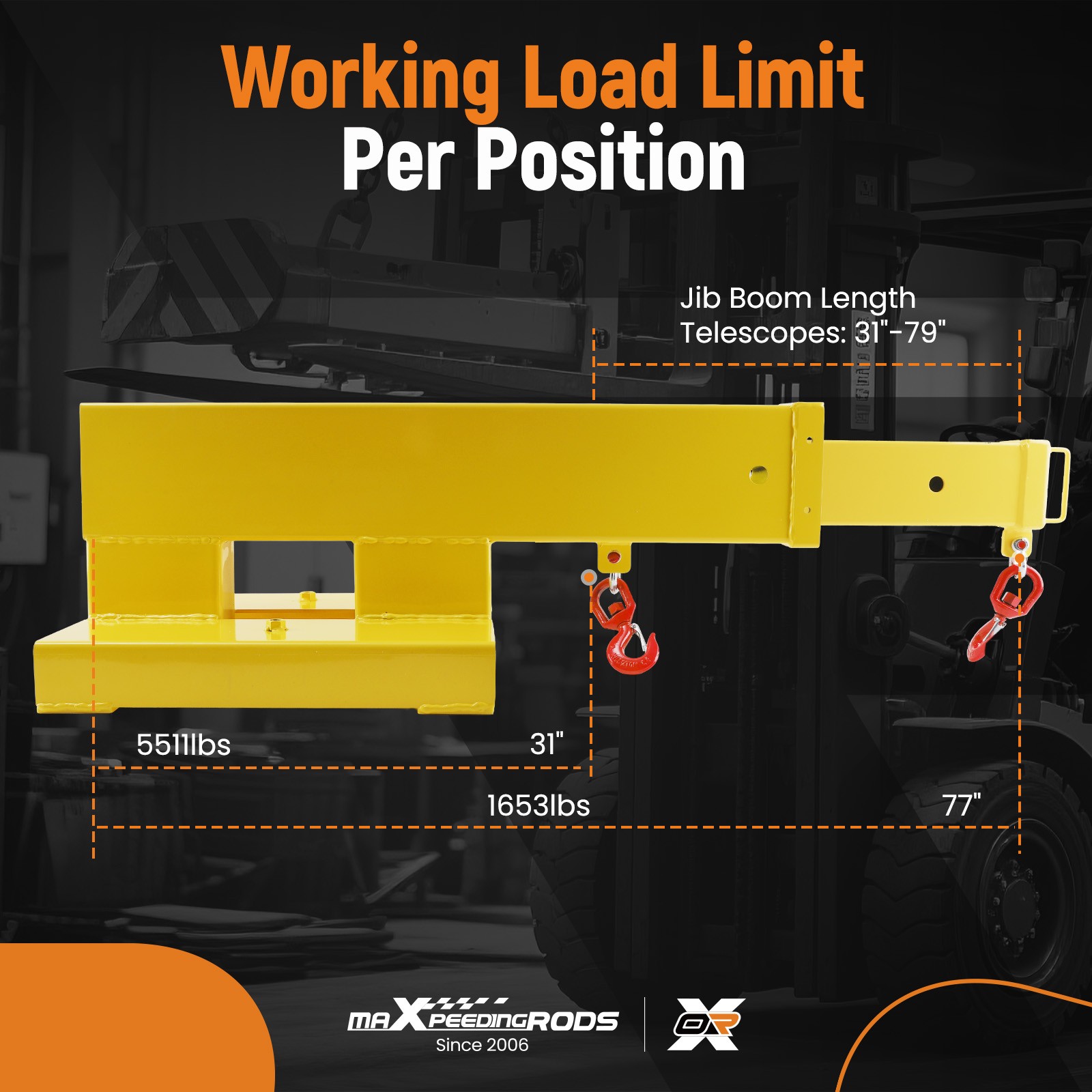 Heavy-Duty Steel Forklift Jib Boom - 47.25"-77" Adjustable Hooks Tool NEW