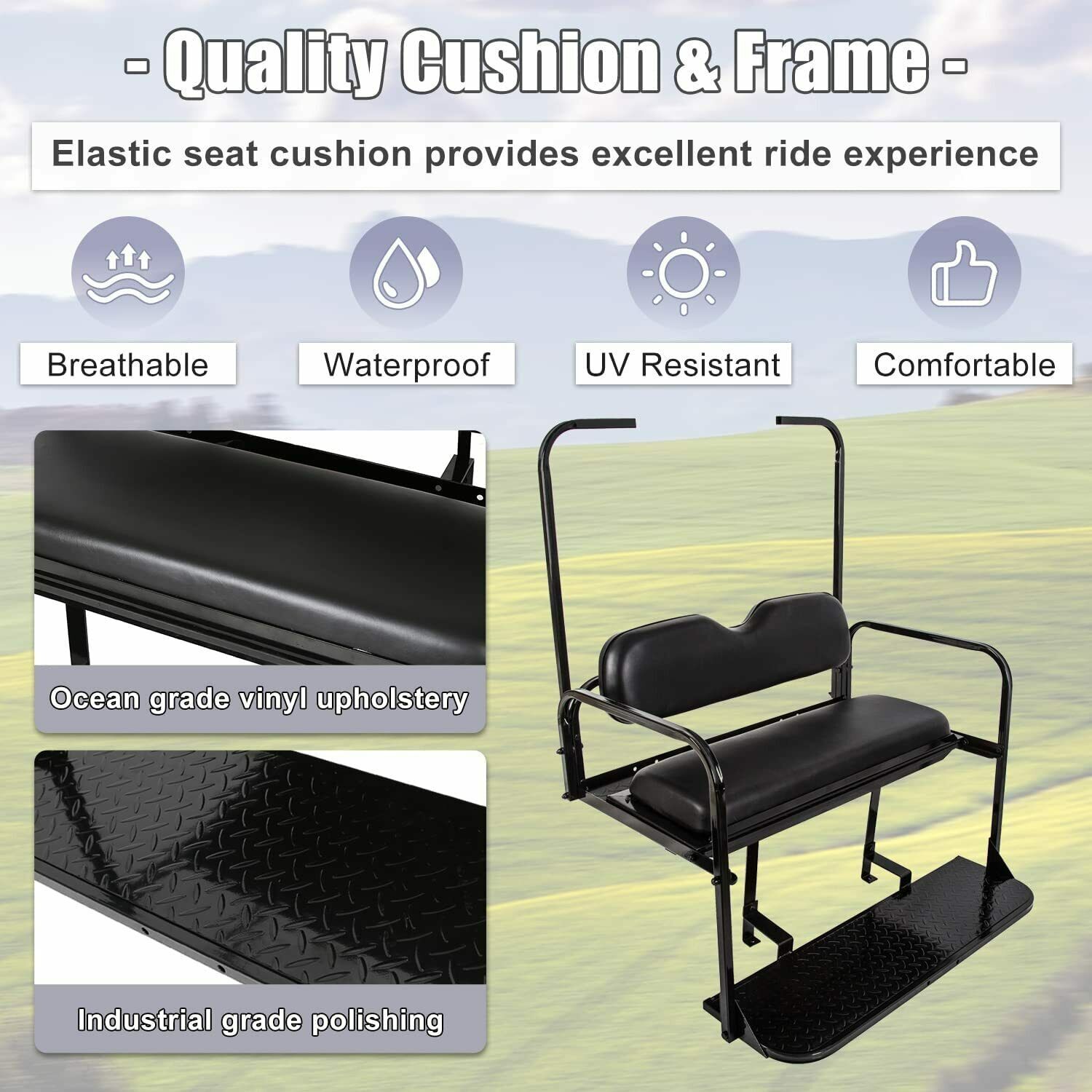 Fit EZGO TXT Golf Cart 1995+ Flip Folding Rear Back Seat with Roof Support Black