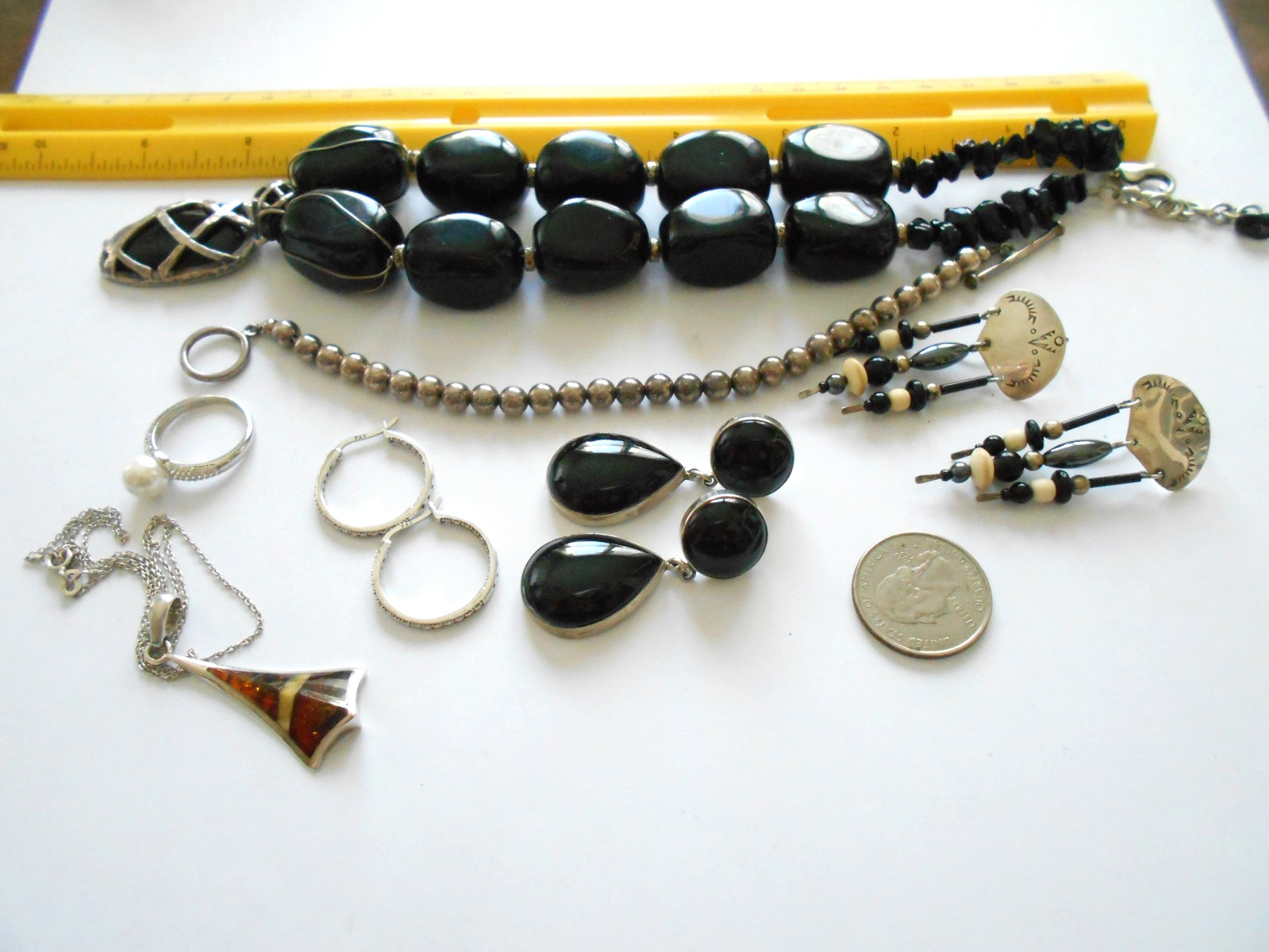 Lot of 7 Pieces Sterling Silver Onyx Amber Jewelry Lot #6 194 Grams