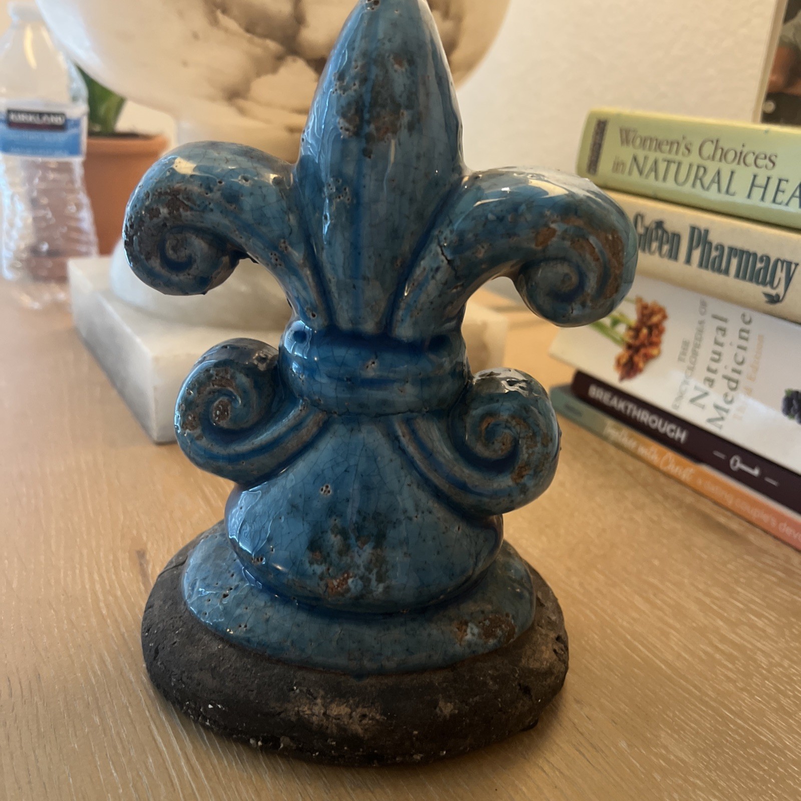 8” Blue Glazed Concrete Fleur-de-Lis Statue