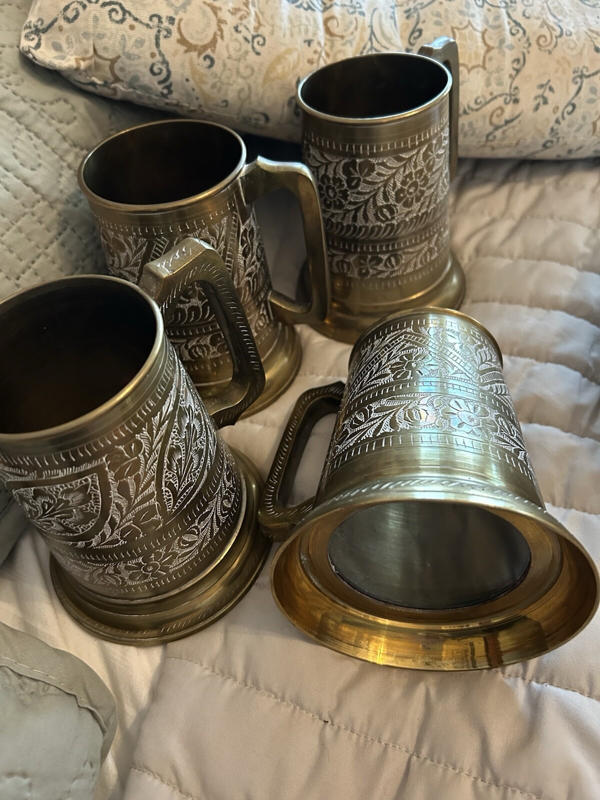 Set Of Four Vintage Hand Etched Copper/Brass Beer Mugs Glass Bases - Pakistan