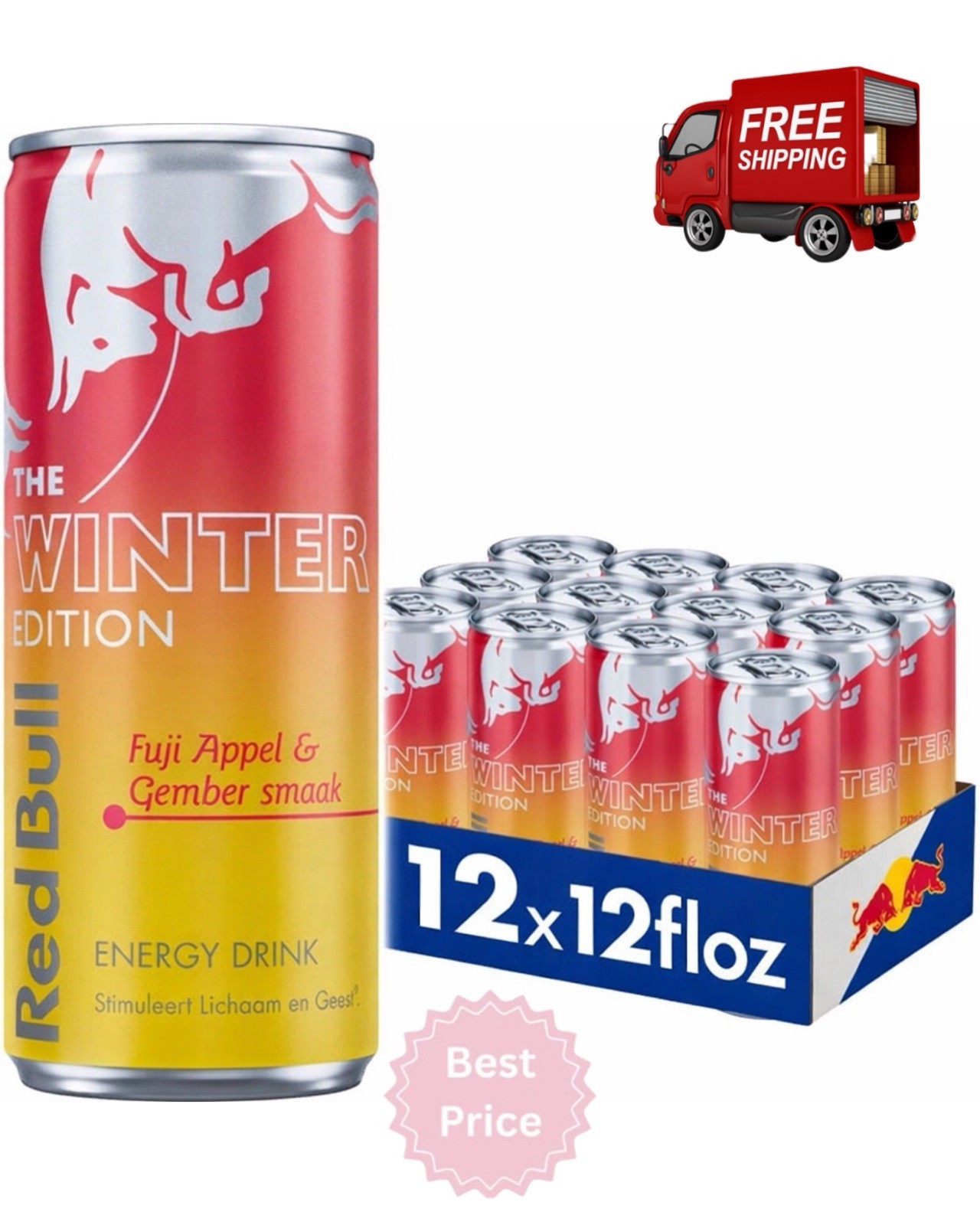 12 Pack Red Bull Winter Edition Energy Drink, Fuji Apple & Ginger, 12oz Cans