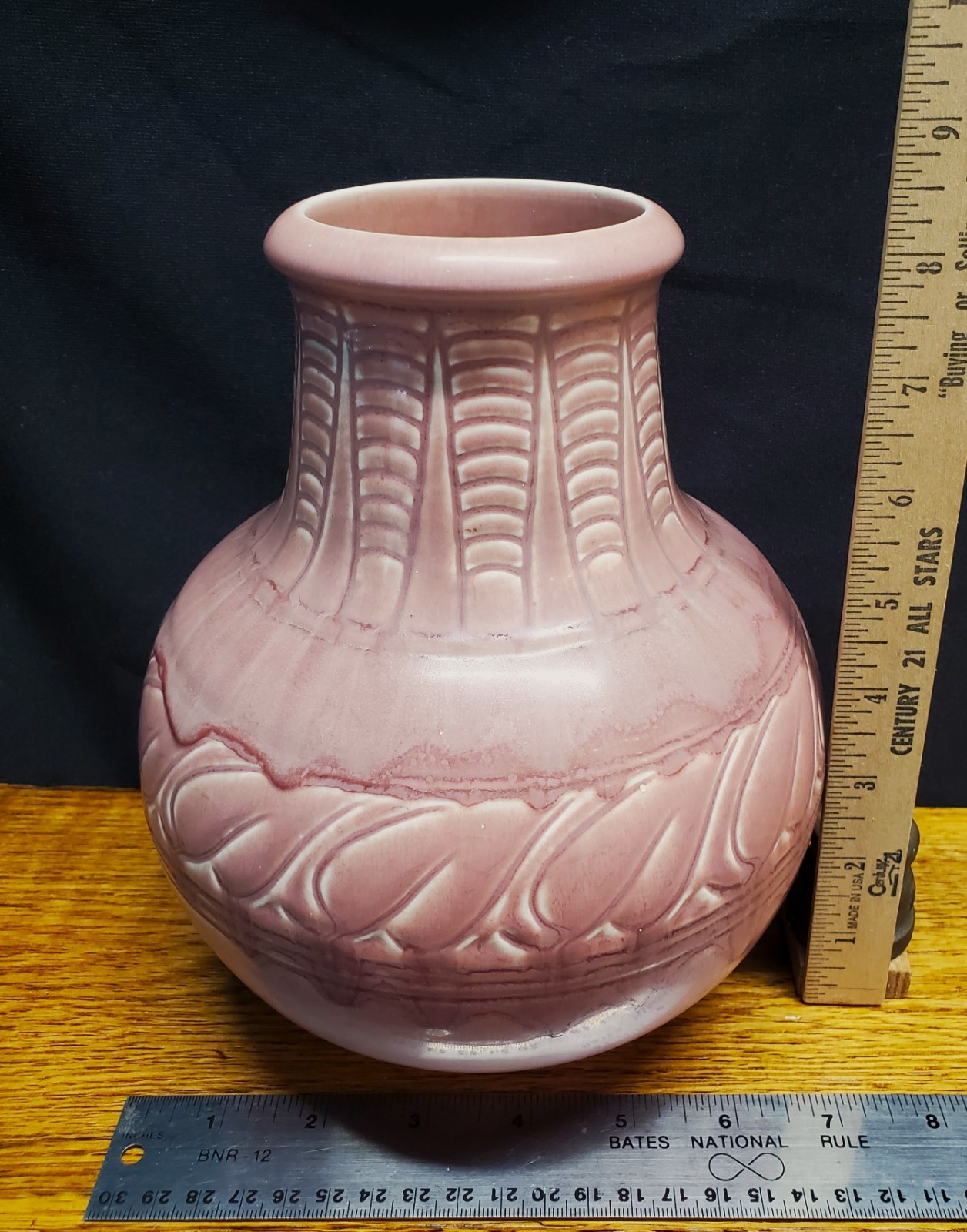 1925 Rookwood Pottery Large 8.5"x7" Vase Mauve Rose Matte Incised Design