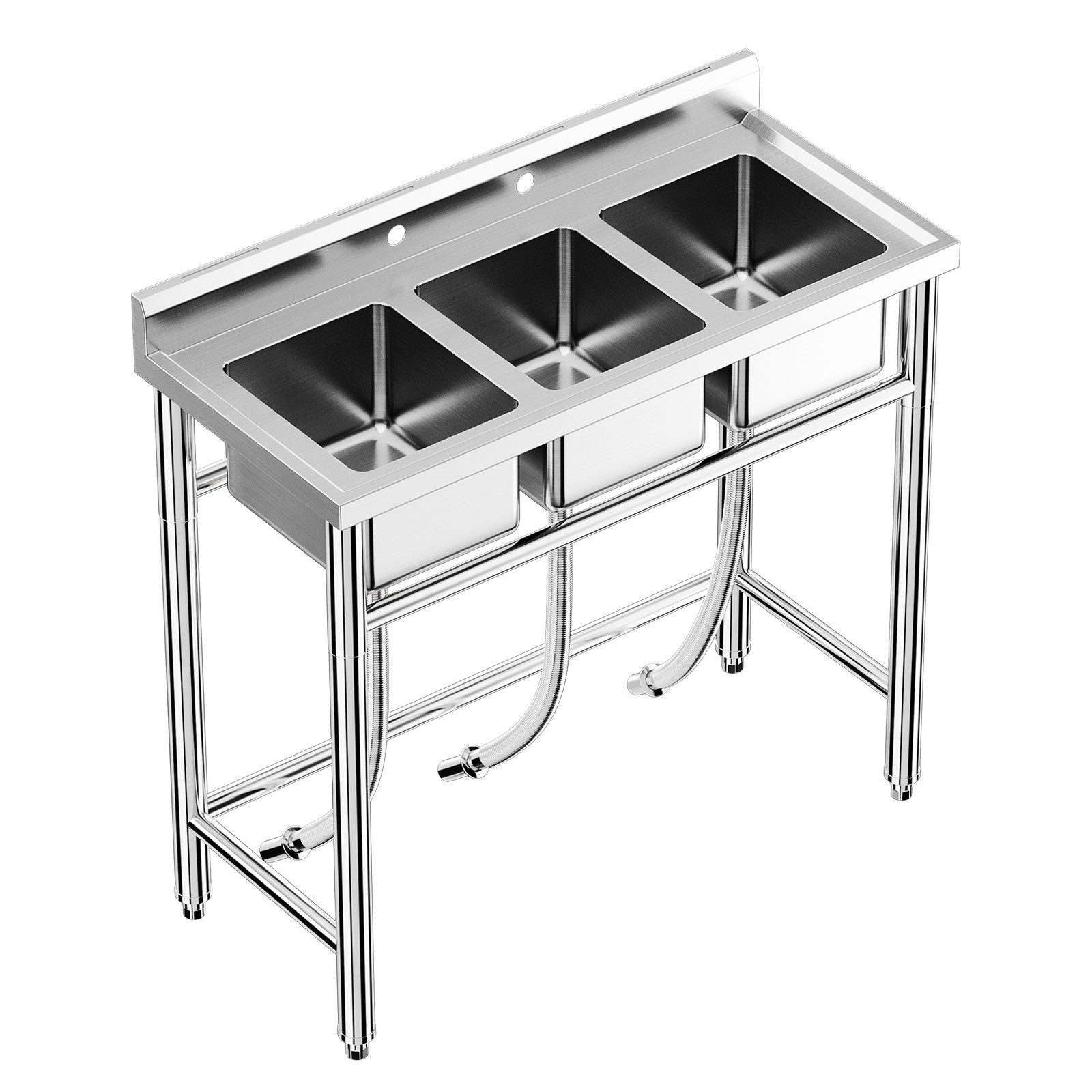 3 Compartment Stainless Steel Sink w/ Hot & Cold Hoses for Restaurant & Kitchen