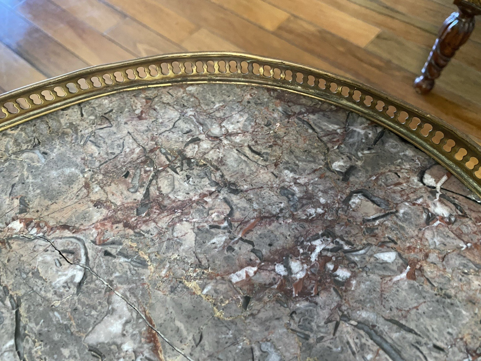 FRENCH Louis XVI Style Small Bouillotte Marble Top And Brass Edge Side Table