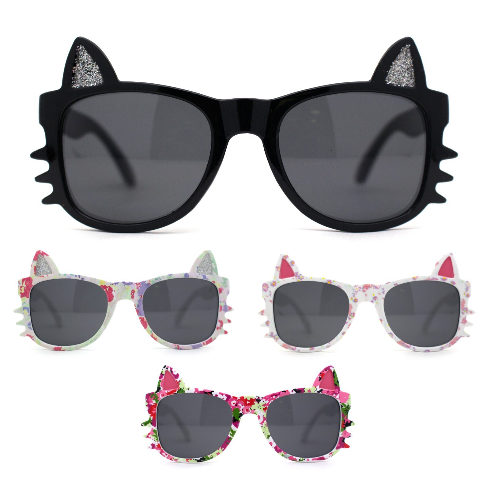 Kids Child Size Cat Eye Glitter Horn Rim Whiskers Plastic Sunglasses