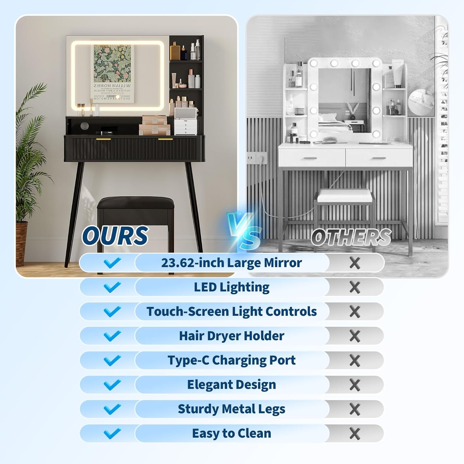 31 in Makeup Vanity Desk Table with Mirror and Lights, Power Outlet & Storage