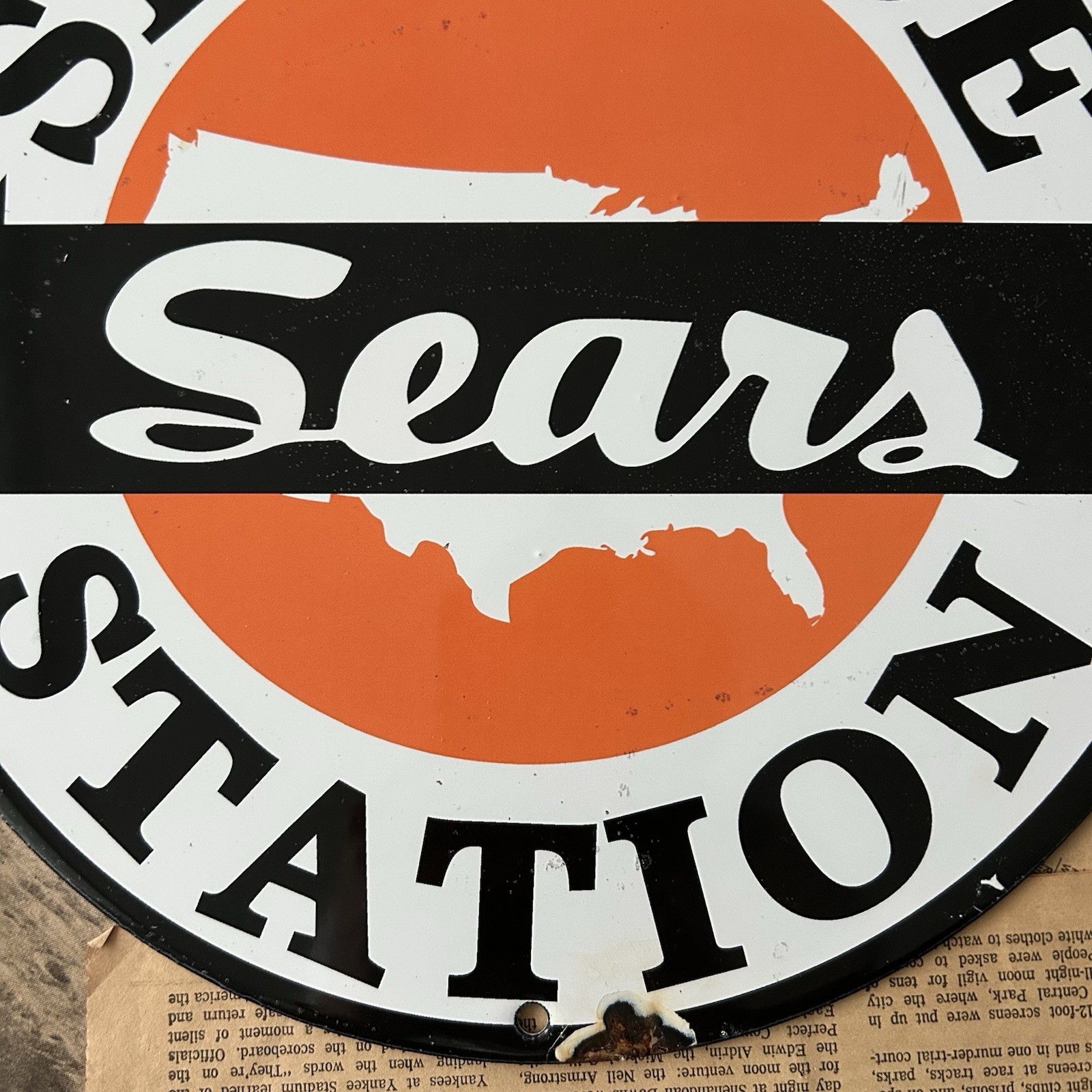 VINTAGE SEARS SERVICE STATION AUTO DEALER GAS OIL 12 INCH PORCELAIN ENAMEL SIGN