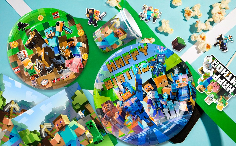 113 Minecraft Birthday Party Decorations Tableware Balloons Banner Plates Cups
