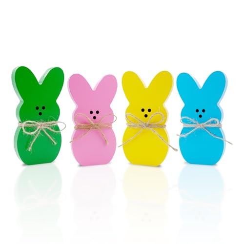 Easter Decorations 4PCS Easter Wooden Bunny Table Pink/Yellow/Blue/Green