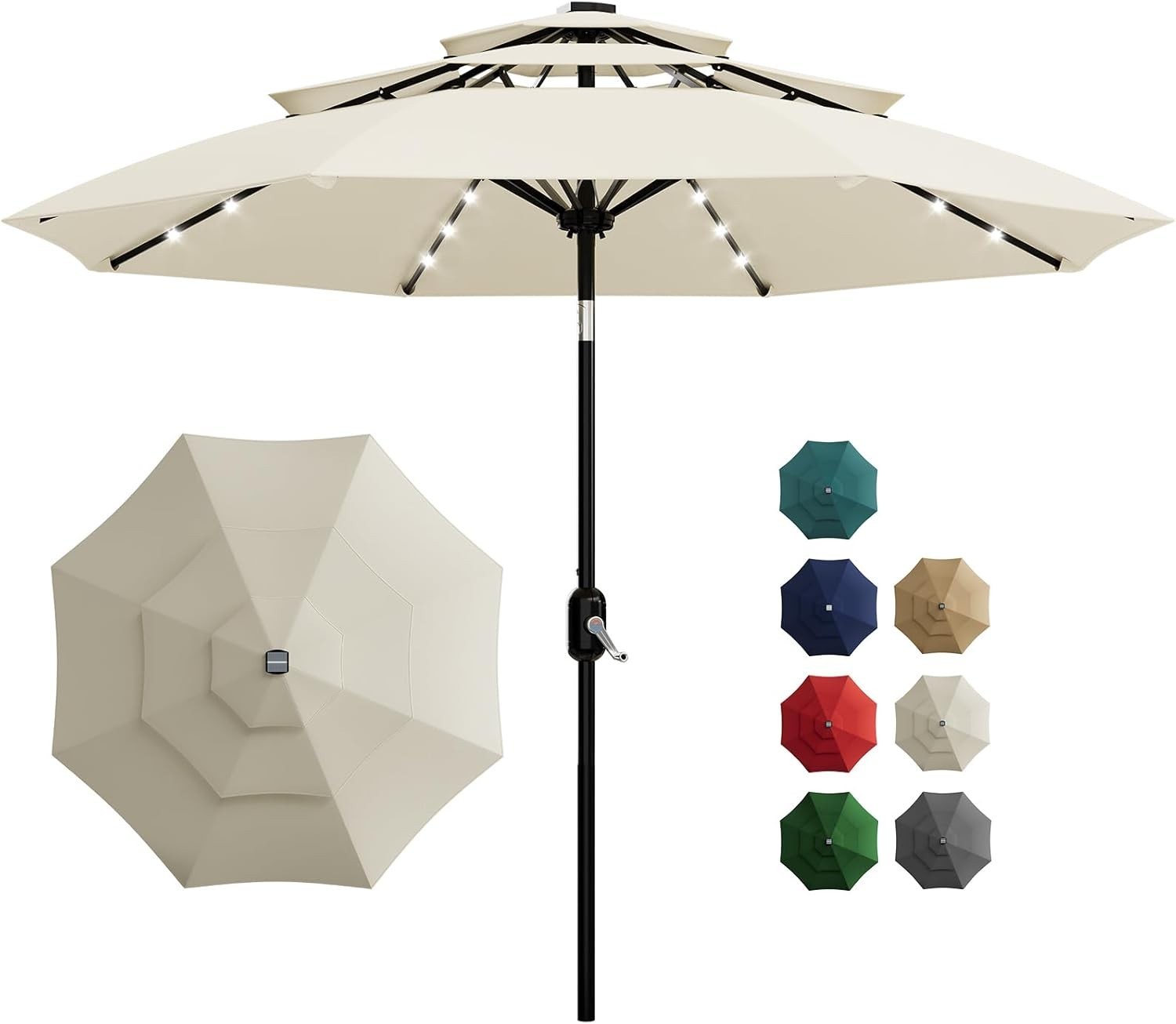 10Ft 3-Tier Outdoor Solar Patio Umbrella with LED Light Outdoor Table Umbrella